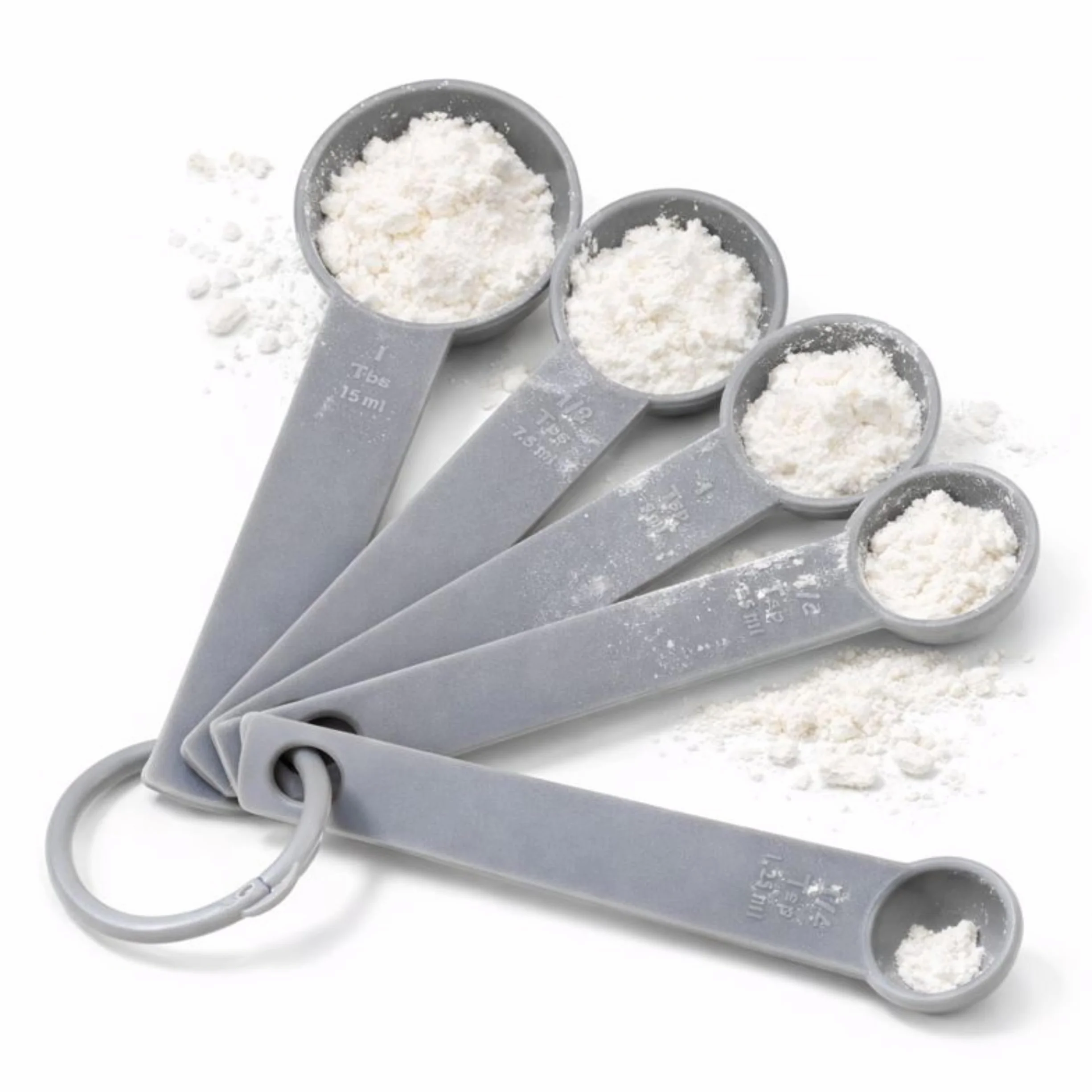 PARENCE.- Set di 5 misurini in plastica colorata - da 1 a 15 ml/g - Misurino da cucina e pasticceria con anello per appendere - Dispenser preciso