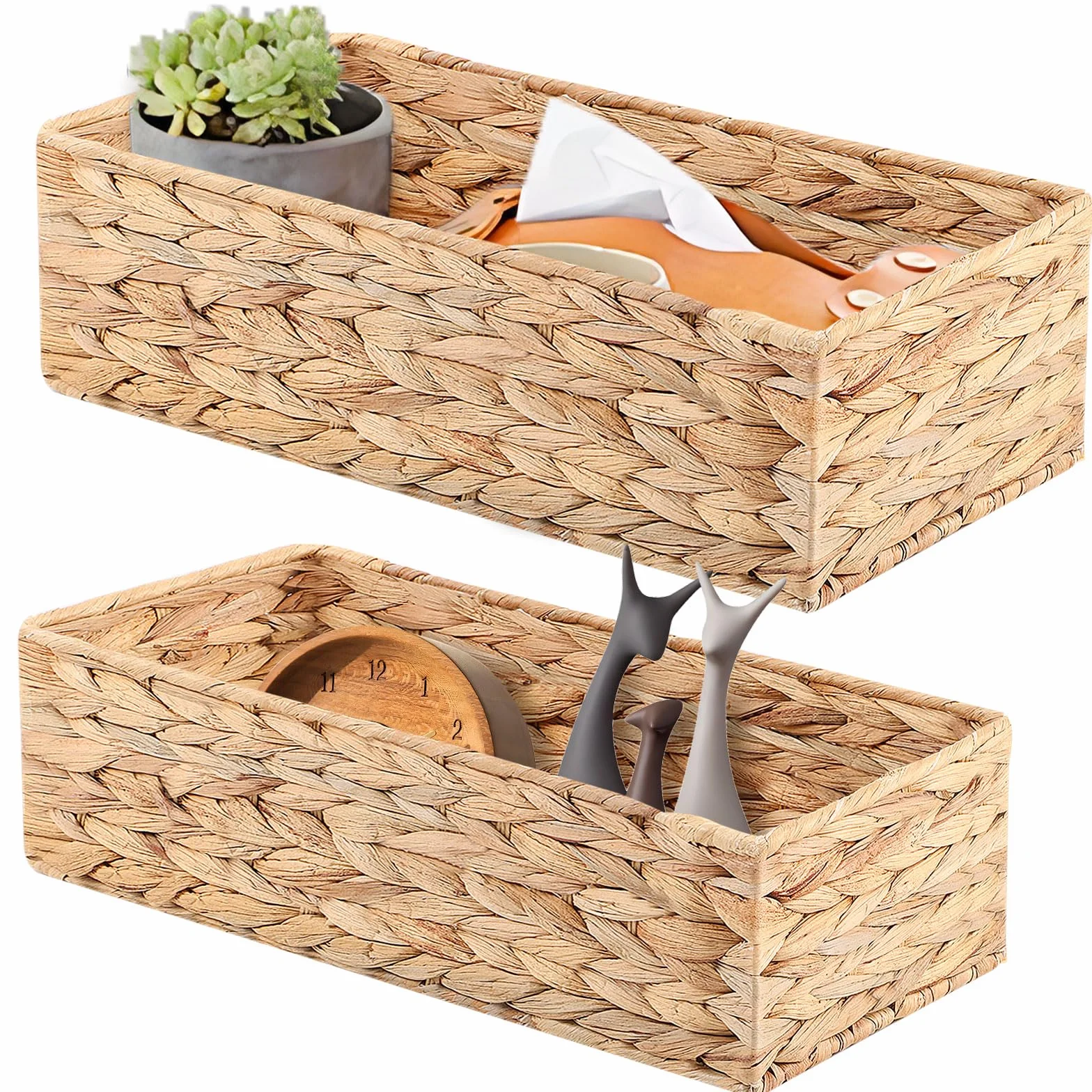 Cestini Portaoggetti Intrecciato in Vimini Giacinto d'Acqua, Grande 37×16.5×11 cm e Piccola 33×12.5×10 cm, Set di 2