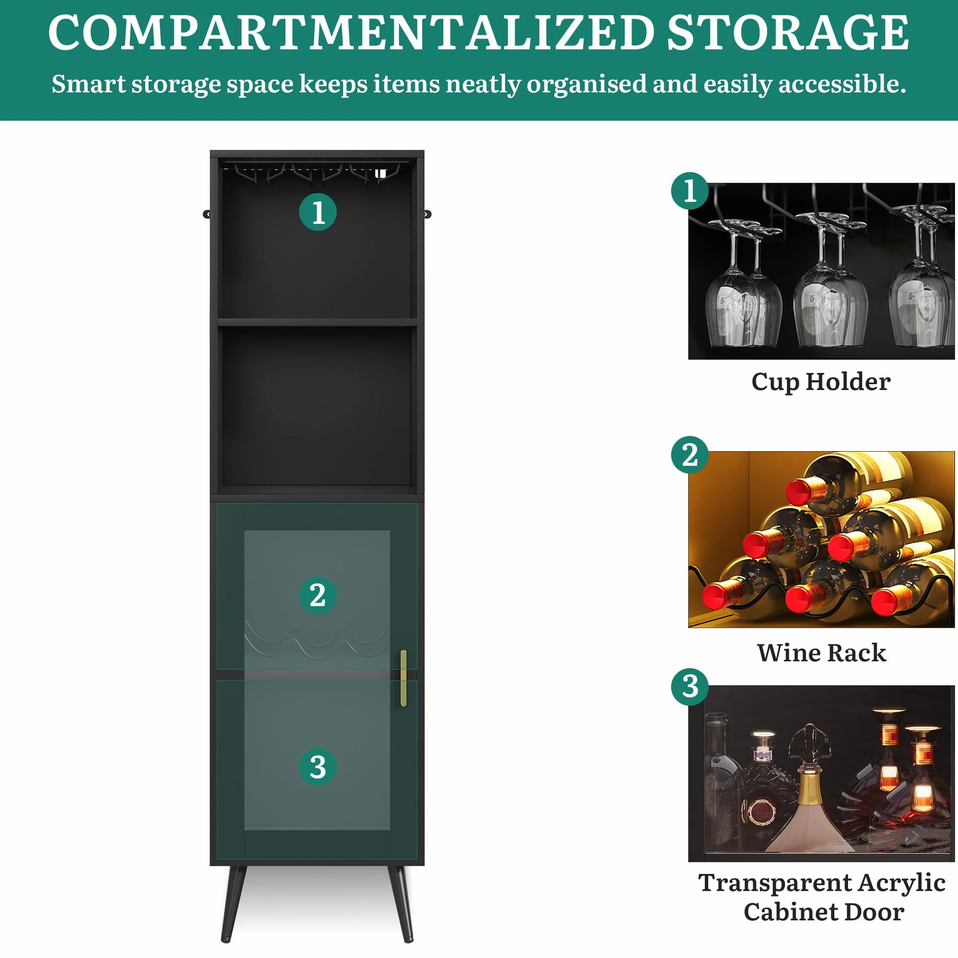 YITAHOME Armadietto da bar con luci LED regolabili, caffetteria con portabottiglie e ganci e anta in acrilico, credenza da cucina per buffet per casa, bar, sala da pranzo, soggiorno, nero
