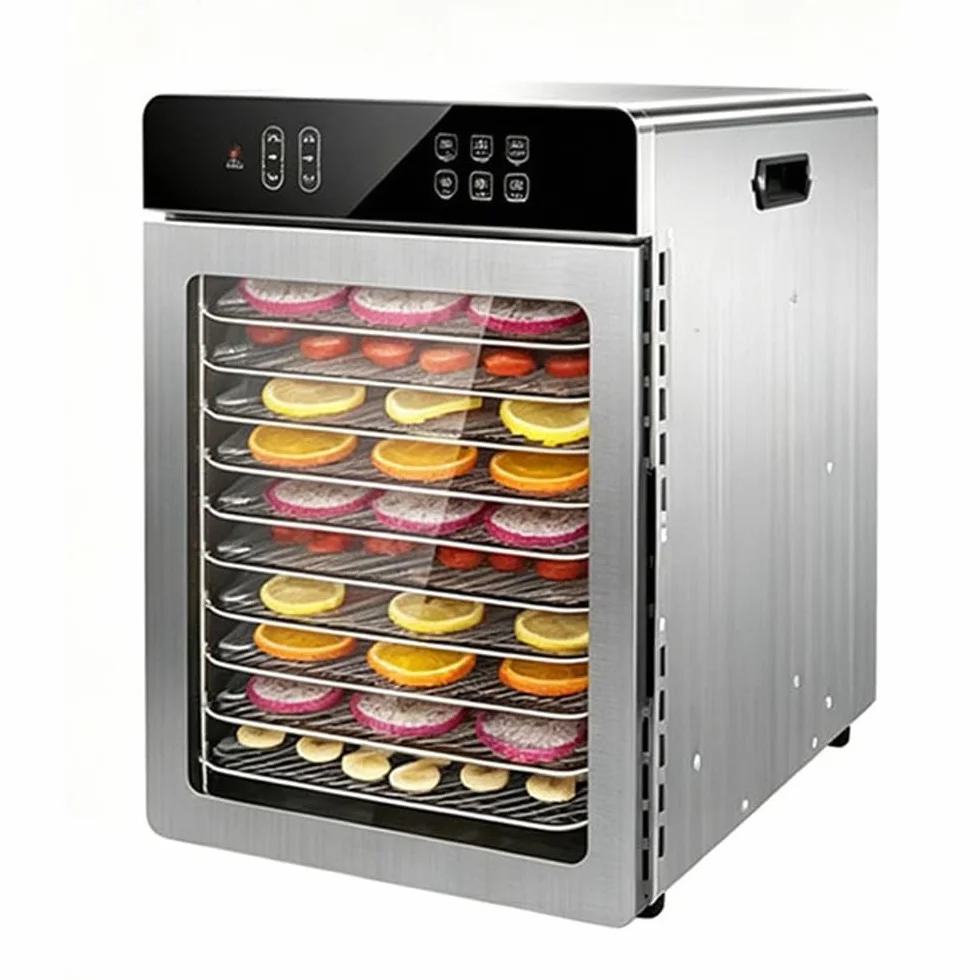 Essiccatore per Alimenti professionale 800W in Acciaio Inox, 10 Vassoi in Acciaio Inox, Grande Capacità, Display LED, Timer 24H, Temperatura Regolabile 30℃ – 90℃, per Carne, Frutta, Verdure(10 tray)
