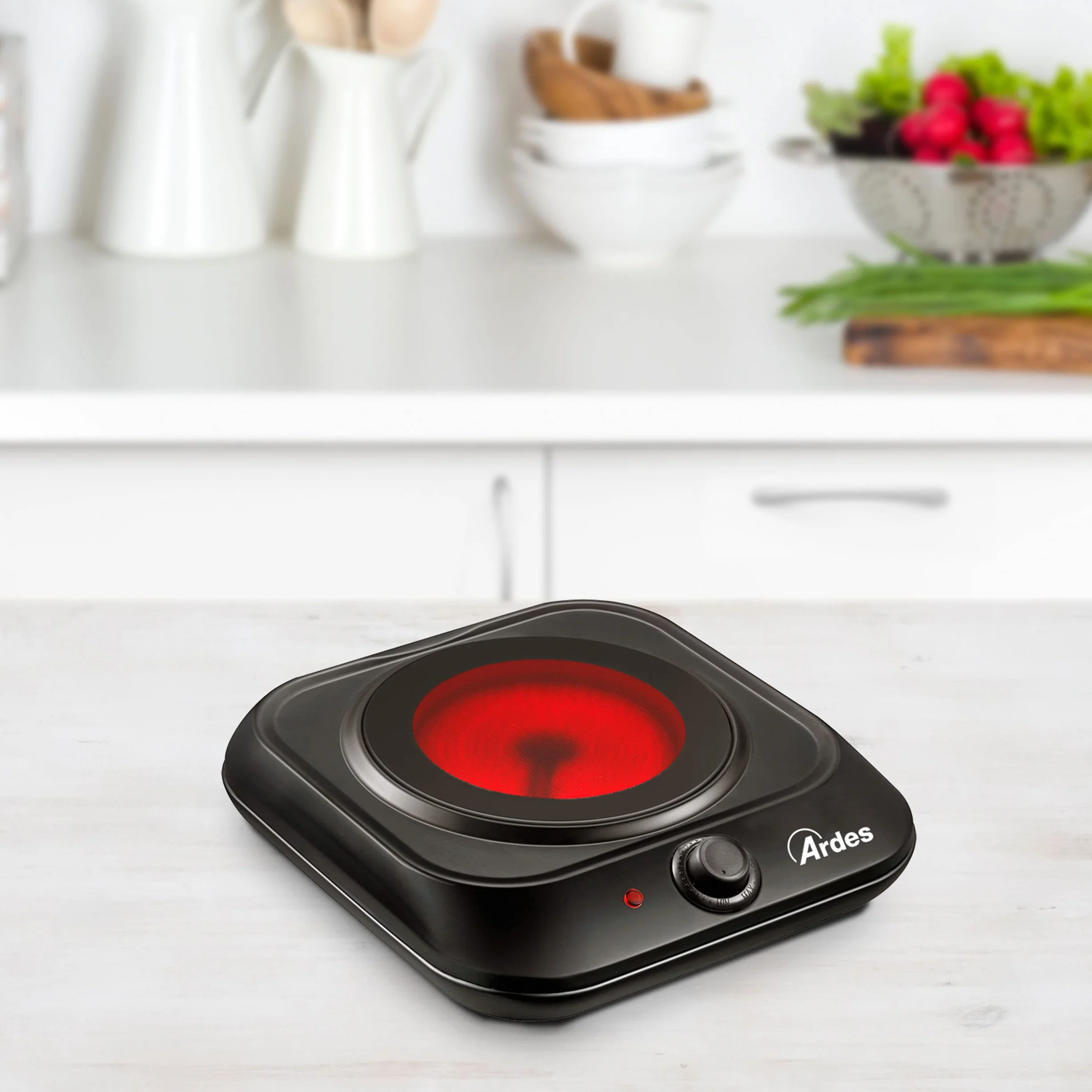 ARDES Fornello elettrico a infrarossi 1200W piastra vetroceramica Ø19 cm termostato regolabile