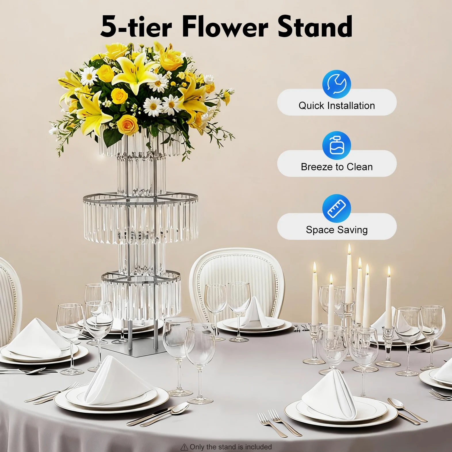 5 livelli di cristallo per matrimonio, colonna di fiori, altezza 110 cm, supporto decorativo in metallo, per matrimonio, fidanzamento, compleanno, decorazione da tavolo, argento