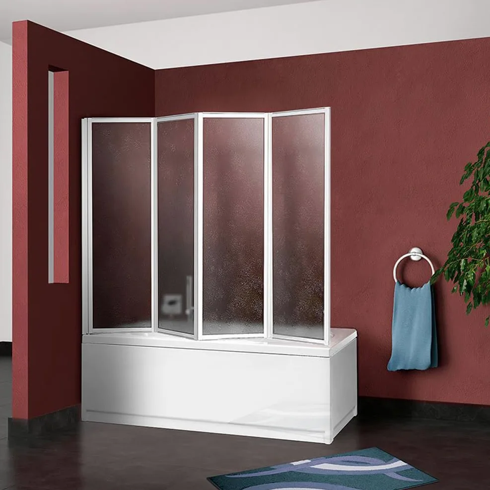 "Made in Italy" Sopravasca angolare per vasca da bagno pieghevole cm.64+cm.133, profili alluminio con pannelli acrilici, reversibile a 4 ante