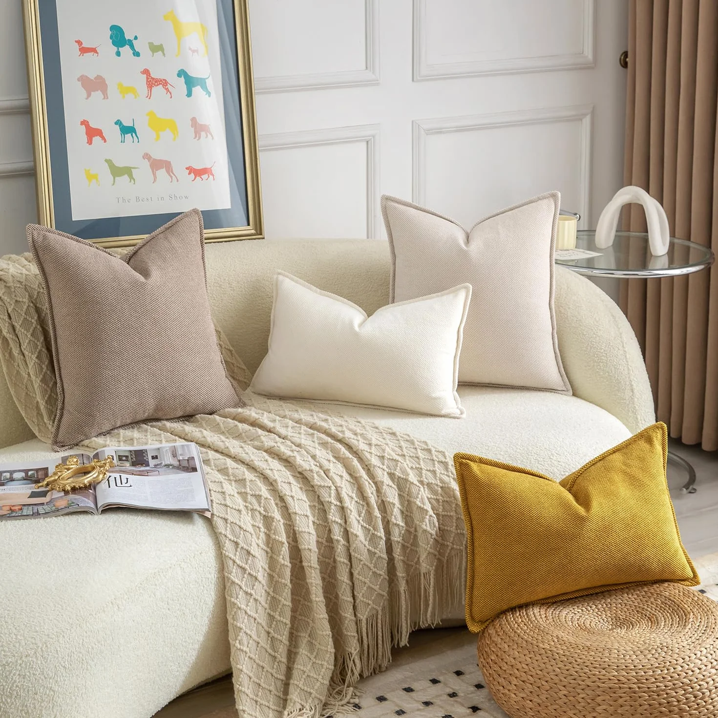Madizz 2 Pezzi Copri Cuscini in Chenille con Bordo Decorativo Neutri Morbido Copricuscini Fodere per Cuscino Lusso Stile Arredi per Divano e Letto Beige 50x50 cm