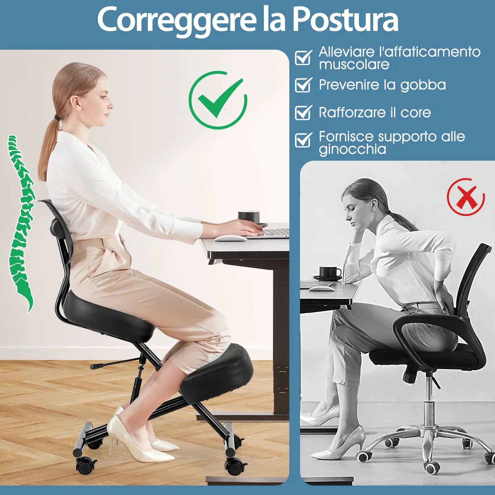 COSTWAY Sedia Ergonomica Inginocchiata con Schienale e Ruote, Sedia da Ginocchio Regolabile Posturale Struttura in Metallo, Sgabello Ergonomica per Casa e Ufficio (con Schienale)