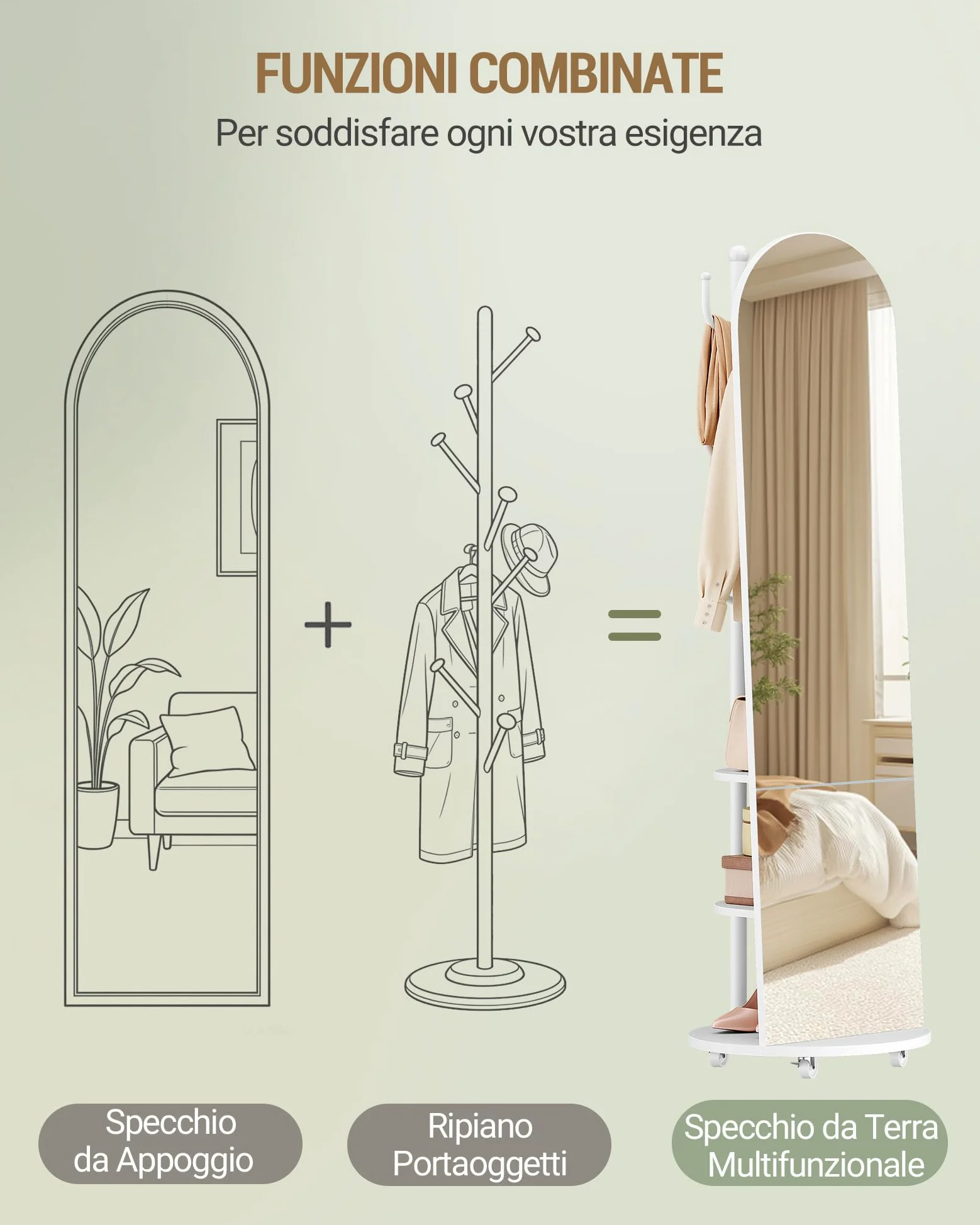 Hzuaneri Specchio a Figura Intera, Specchio da Terra con Ruote Girevoli a 360°, 165 x 45 cm, 2 Ripiani e 6 Ganci, per Camere da Letto, Cabine Armadio e Soggiorno, Vetro Temperato, Bianco DM42303W