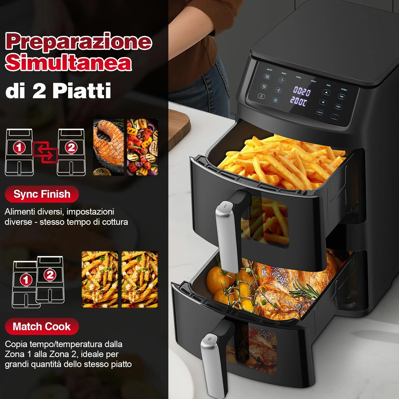 TopStrong Friggitrice ad Aria Doppio Cestello, 11 Litri Air Fryer Verticale 2 Cestelli con Finestra, 40-220℃, 6 Funzioni, Compatta, 2500W, Fino a 8 Persone, Componenti Lavabili in Lavastoviglie