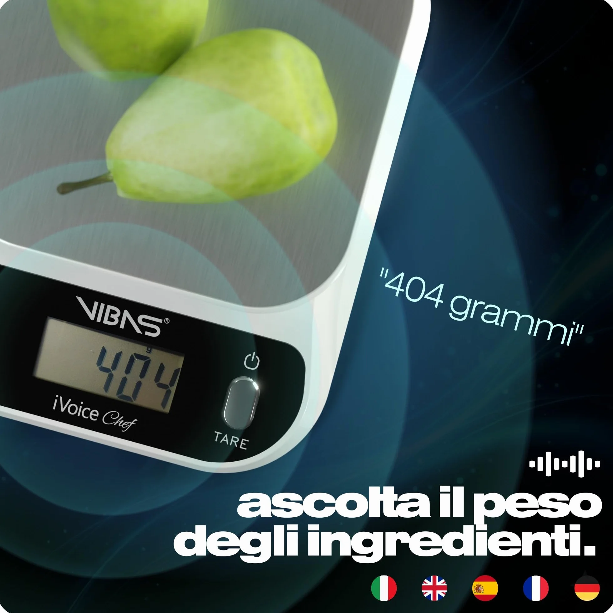 Bilancia da Cucina Parlante VIBAS iVoice Chef con Ciotola, 5 Lingue, Portata 10 kg