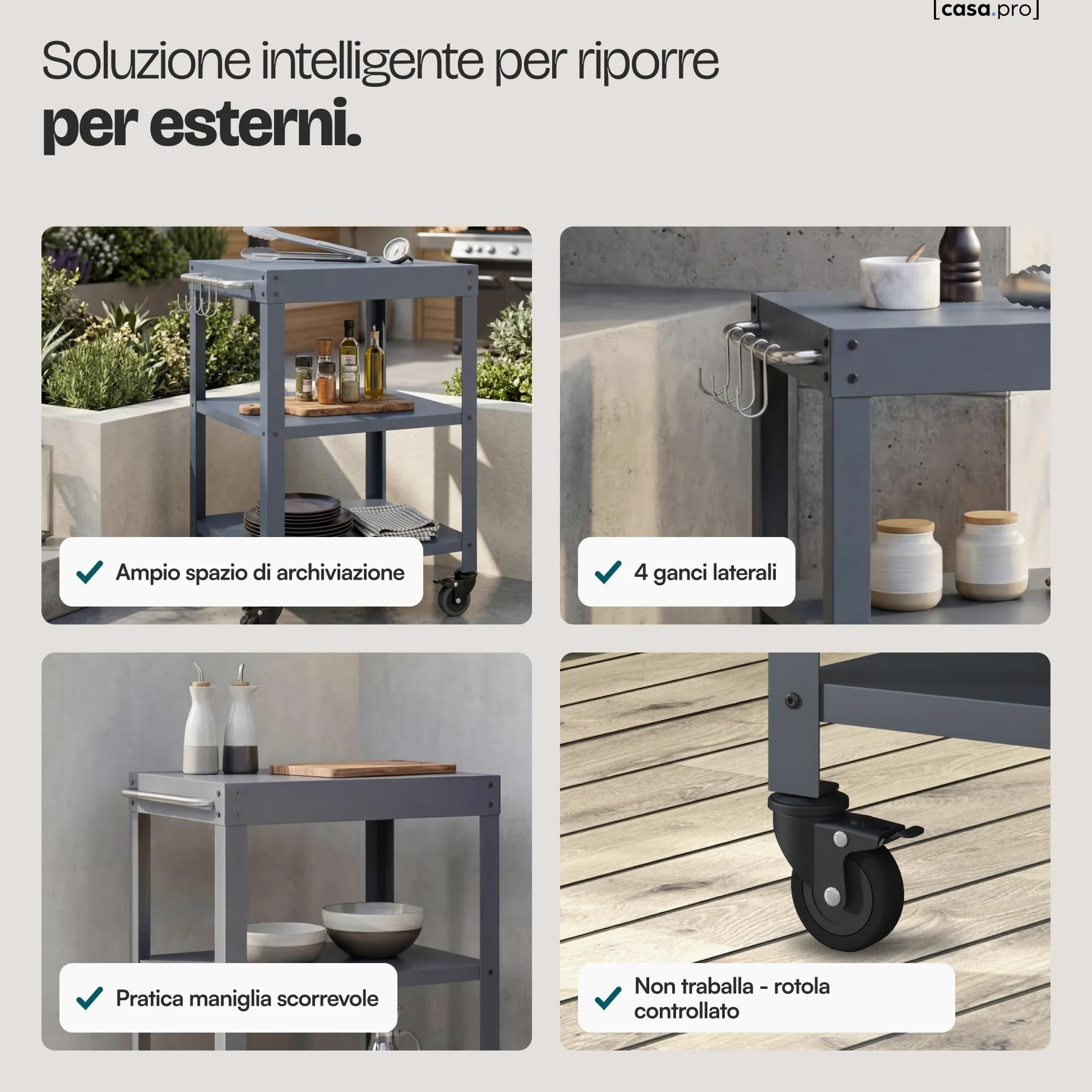 casa.pro Carrello Portavivande da Giardino in Acciaio con 3 Ripiani e Ruote Carrello Portatutto Da Cucina Servizio Portata a Rotelle 81x50x50 cm - Grigio Scuro opaco