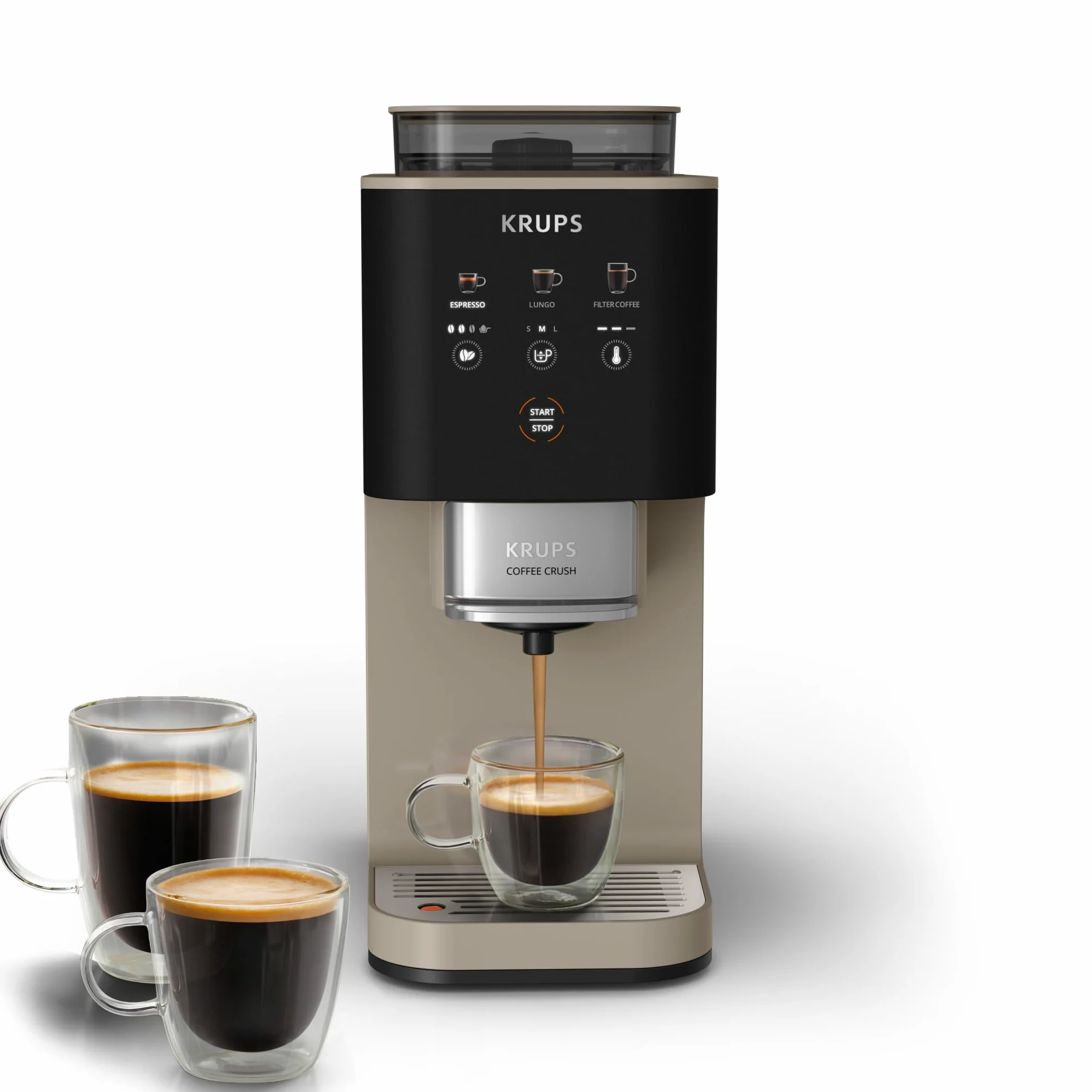 Krups Coffee Crush Extra, Macchina da Caffè Automatica, Super Compatta, Ingombro Minimo, 3 Livelli di Macinatura per Caffè in Grani, Intensità, Lunghezza e Temperatura Regolabili, 1370 W, Chai, SA402A