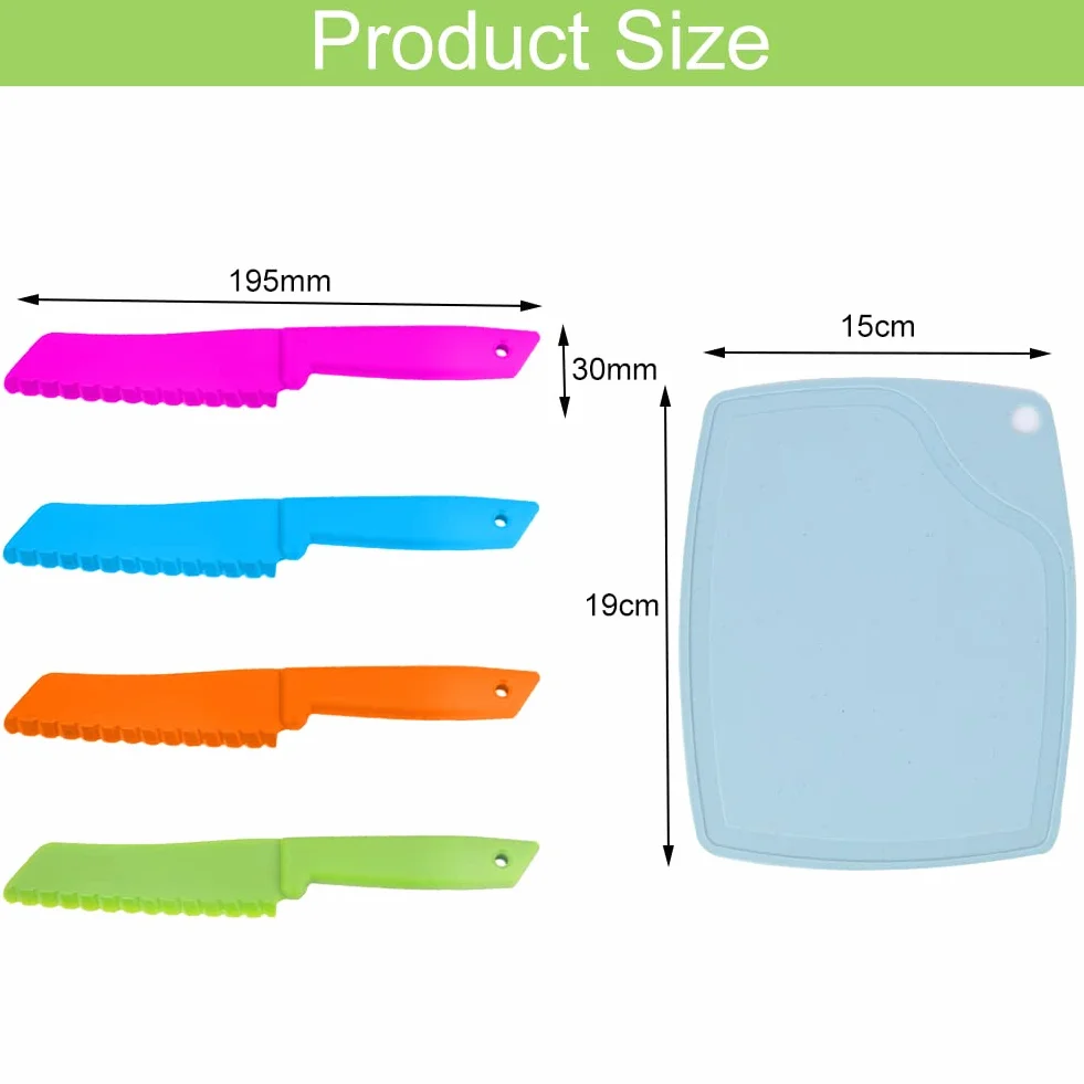 Coltelli da Cucina per Bambini, Coltelli di Sicurezza per Bambini, 4 pezzi Coltello per Bambini in Plastica con Tagliere, Coltello Da Frutta Per Bambini, Set di Coltelli da Cucina per Bambini