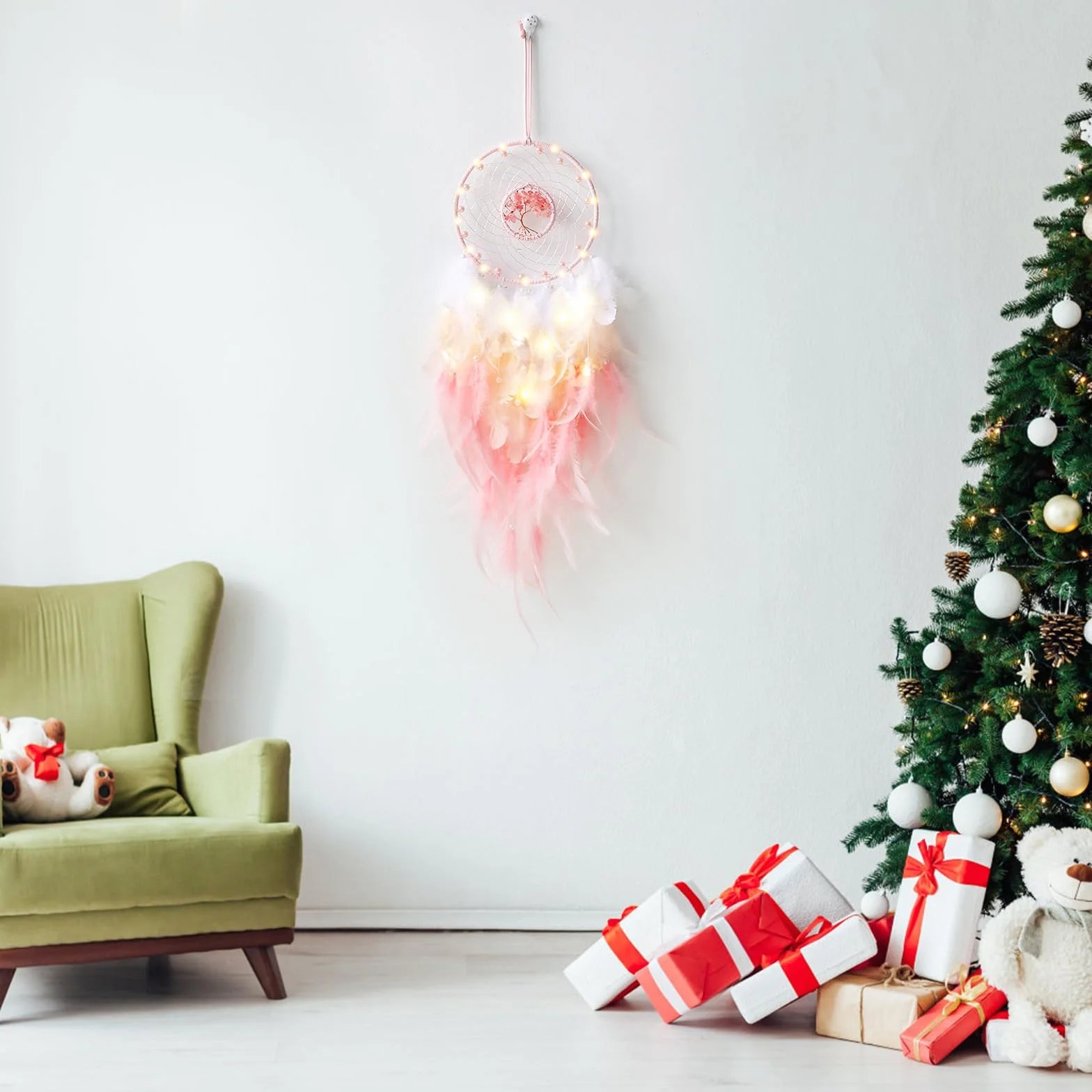 Acchiappasogni Piume Led Indiano Dream Catcher Wall Decorazione Fatto a Mano Regalo di Natale Rosa