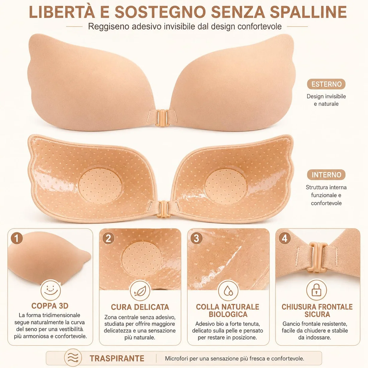 QM Reggiseno Adesivo Push Up per Seni Piccoli e Medi, Invisibile Senza Spalline, Chiusura Frontale, 2 Paia