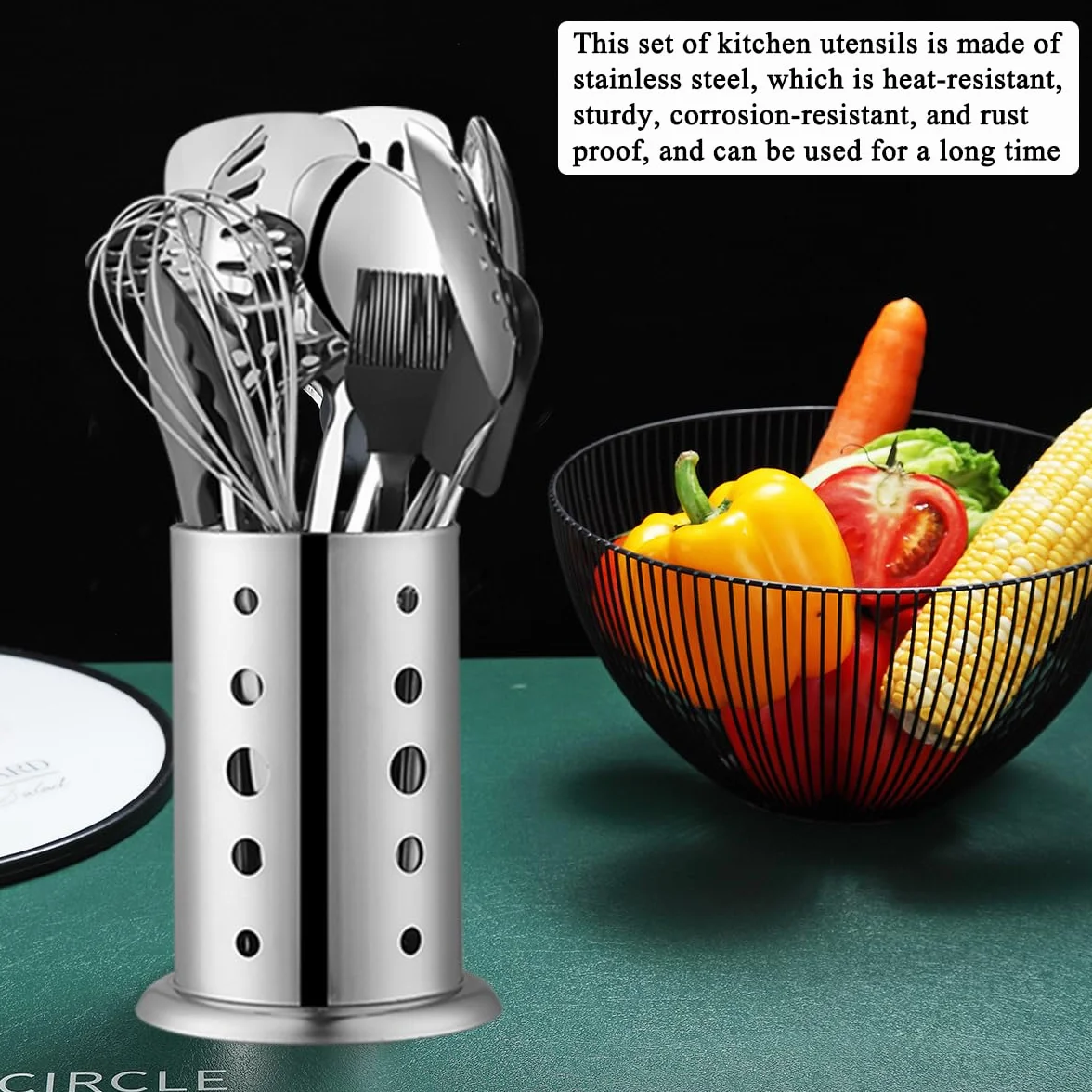 Set di utensili da cucina in acciaio inossidabile 40 pezzi con portautensili, gadget da cucina, set di spatole in metallo