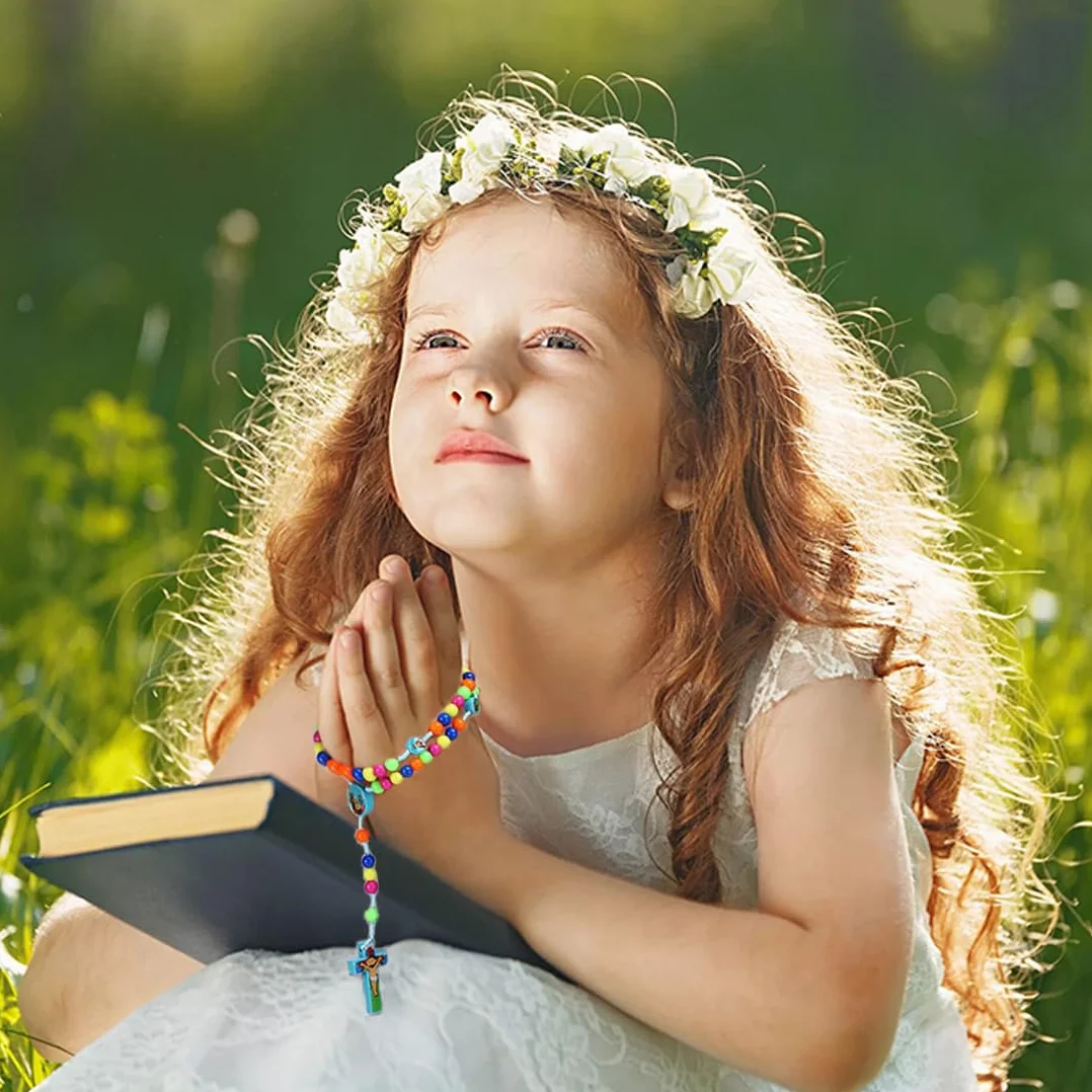 2 Pezzi Rosario con perline colorate, rosario per imparare a pregare, per bambini, con sacchetto regalo in velluto, regalo per Pasqua e battesimo cattolico