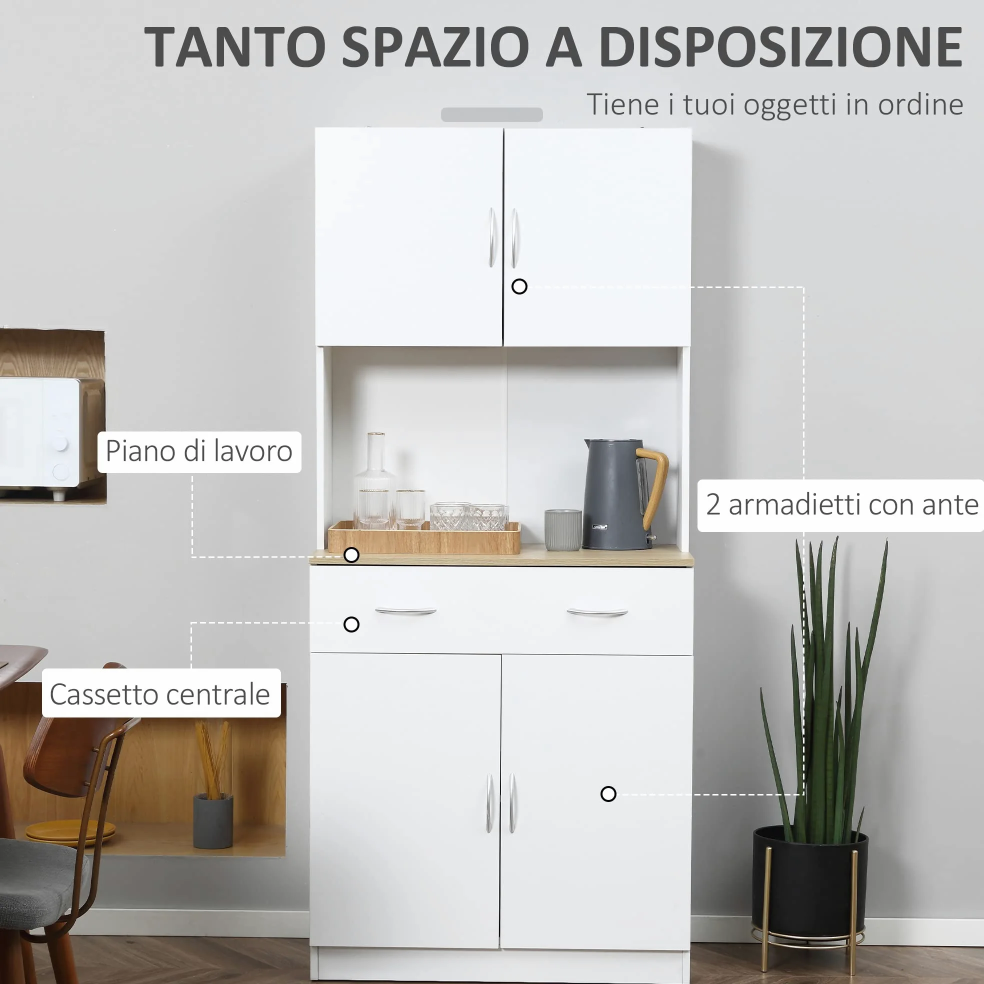 HOMCOM Mobile Cucina Alto 180cm con Armadietti a 2 Ante e Cassetto, Credenza Alta da Cucina in Legno con Ripiani Regolabili, per Cucina, Sala da Pranzo e Soggiorno, 80x40x180 cm, Bianco
