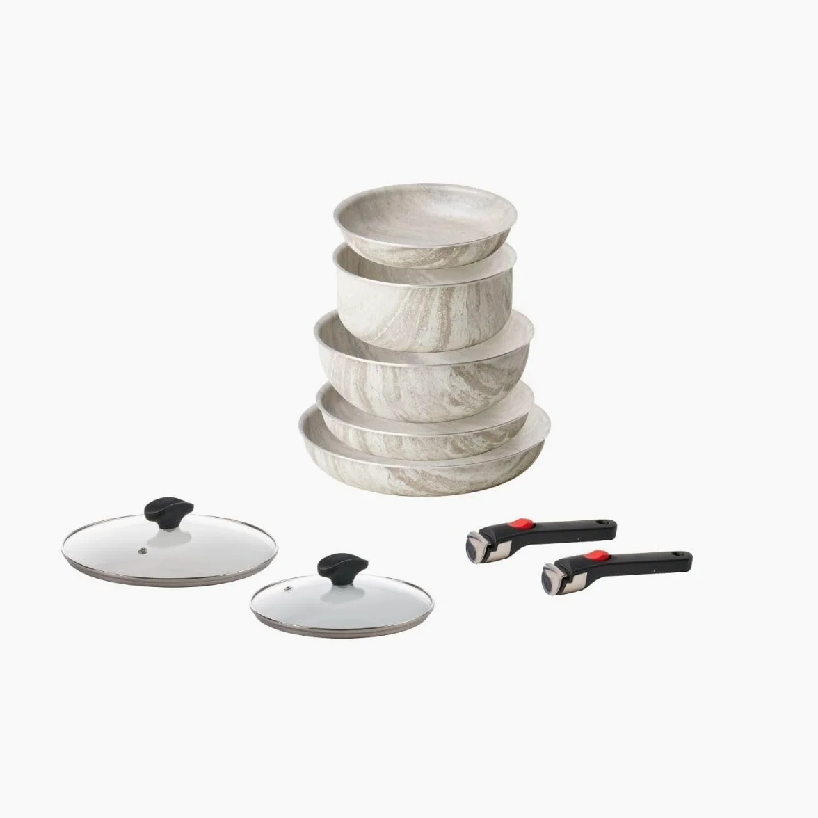 GUZZINI ChefLine MARBLE MADE IN ITALY - SET 9 pezzi: 3 PADELLE (CM 20, 24 e 28), CASSERUOLA (20 cm), WOK (24 cm), 2 COPERCHI e 2 MANICI removibili