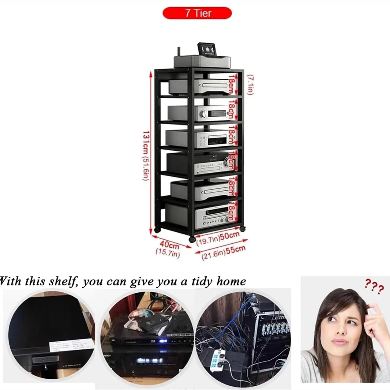 Generico Rack Audio Mobile con Ruote Universali,Mobiletto Portaoggetti Stereo Audio A 7 Ripiani,Mobile Stereo Hi Fi Rack HiFi per Soggiorno, Ufficio, Home Theater,Supporto TV Angolare(Nero)