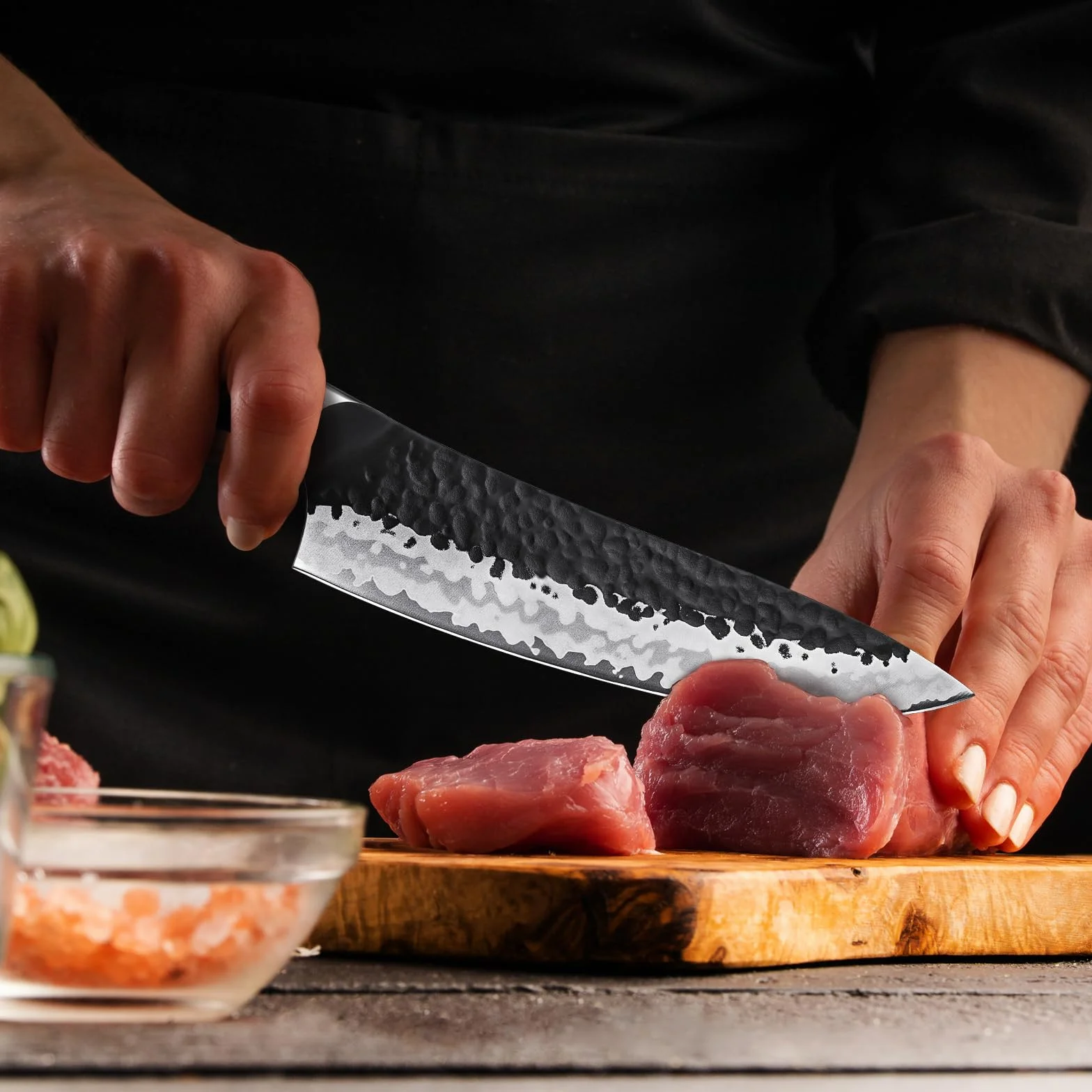 SHAN ZU Set di Coltelli da Cucina Forgiati a Mano,Set di Coltelli Giapponesi da 7 Pezzi con Ceppo Coltelli,Coltello da Chef in Acciaio 10Cr15MOV (7 Strati),Manico in Legno di Acero