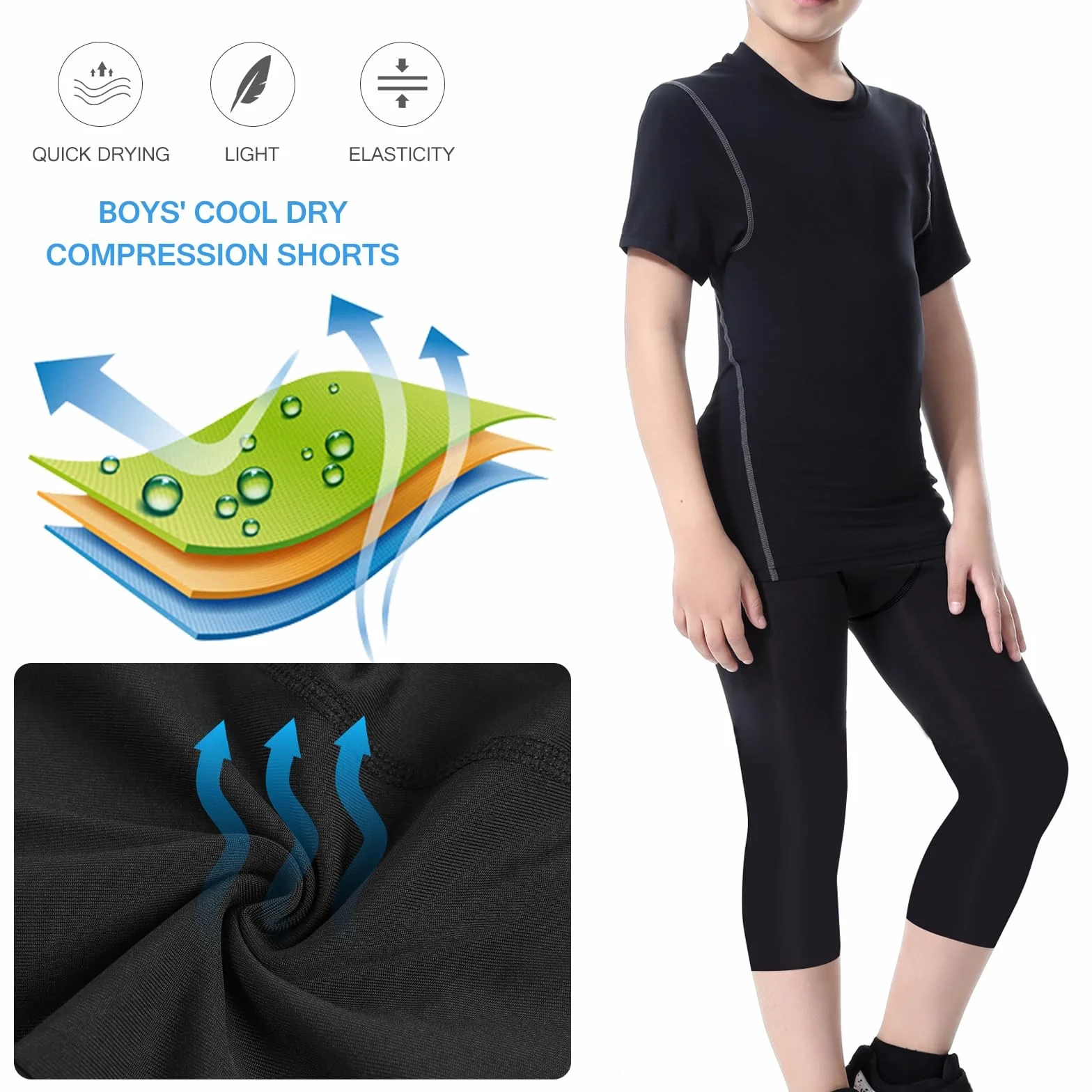 Hotfiary 2 Pack Ragazzi Leggings di Compressione, Bambini 3/4 Lunghezza Pantaloni di Compressione per Basket Calcio Pantaloni Collant, Atletico Sport Corsa Collant Pantaloni per 6-14 Anni