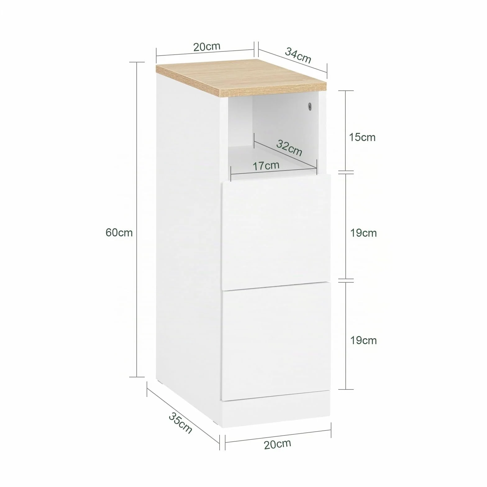 SoBuy comodino camera da letto stretto 20 cm, 2 cassetti tavolino da letto & tavolino salotto, salvaspazio per spazi stretti, ideale per inquilini e letto a molle, bianco, 20x35x60 cm, FBT149-WN