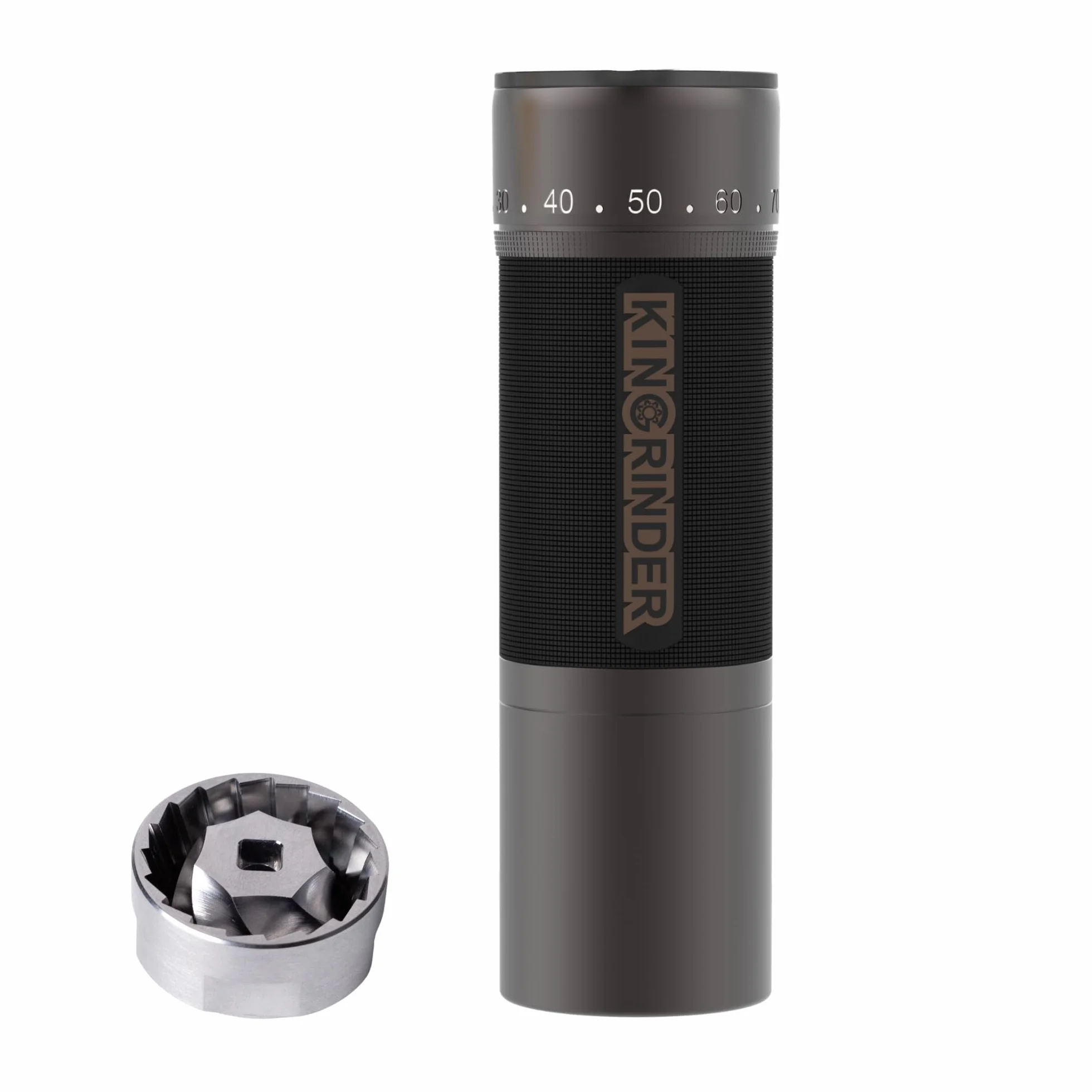 KINGrinder K7 - Macinino da caffè a mano con manico curvo, contenitore magnetico a polvere e clip, meccanismo professionale a 7 bordi in acciaio inox, capacità 30-35 g