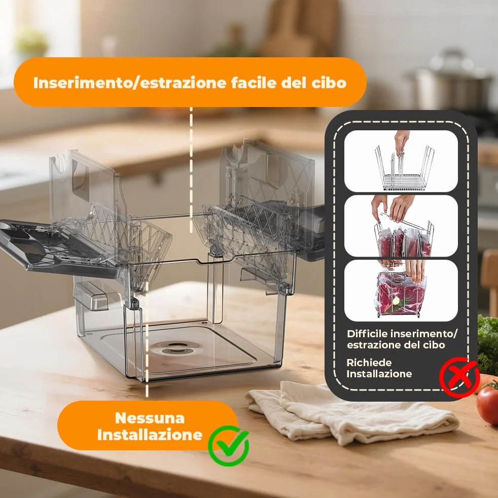 Contenitore Sous Vide 11L Grigio con Coperchio e Griglia Incorporata Doppia Apertura