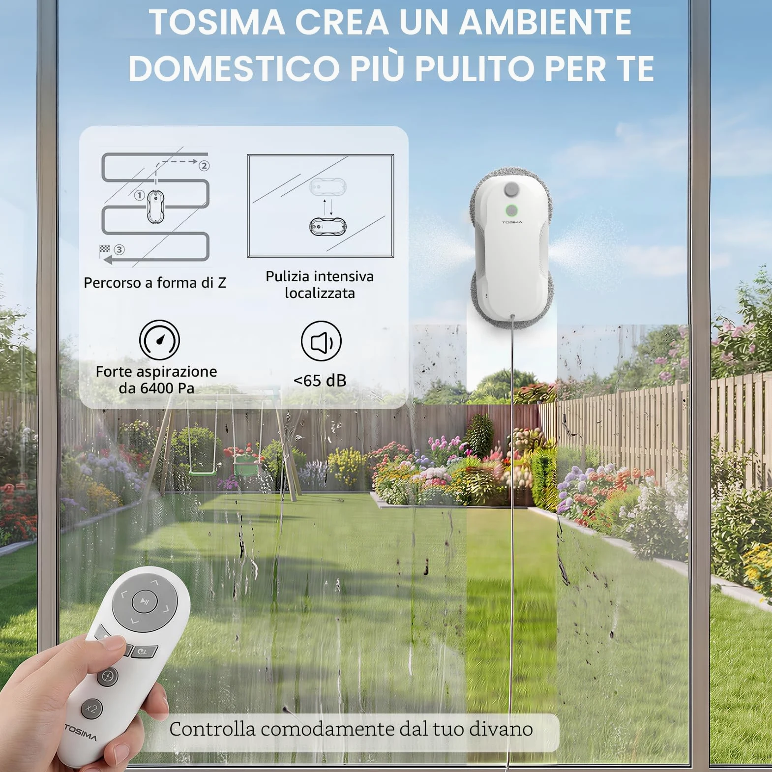 Tosima W5 Robot Lavavetri Finestre, Robot Pulisci Vetri con Doppio Spray, Telecomando, Lavavetri Automatico Sicurezza Tripla per Superfici Lisce Interni/Esterni(8 Panni)