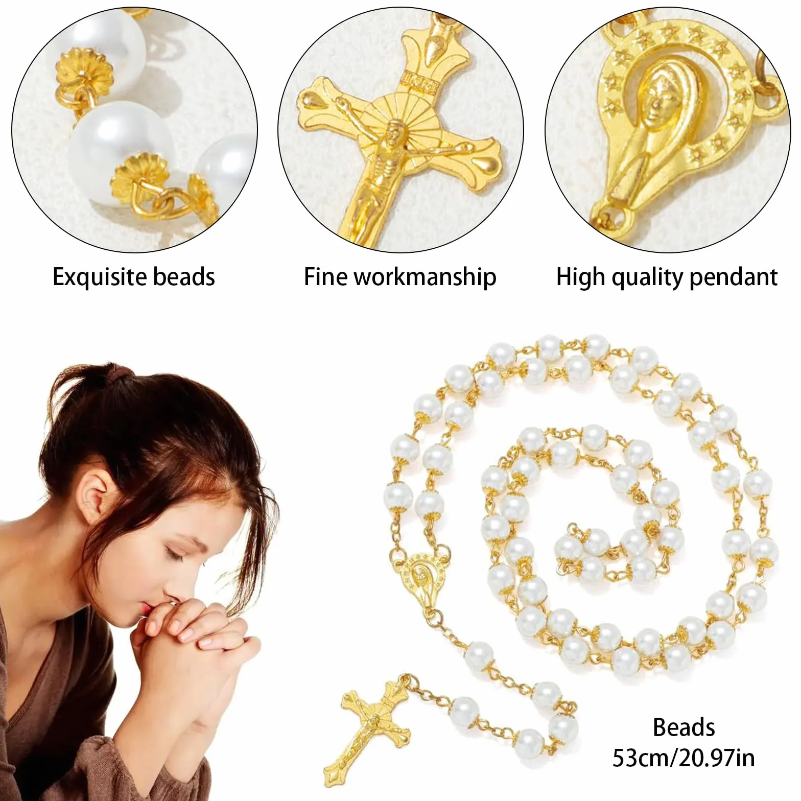 Rosario Di Comunione Con Croce Retrò Cristiano Con Ciondolo A Forma Di Croce Con Zirconi Preghiera Religiosi Credenti Perle Collana Rosario Per Battesimo Comunione Matrimonio Festa, Oro