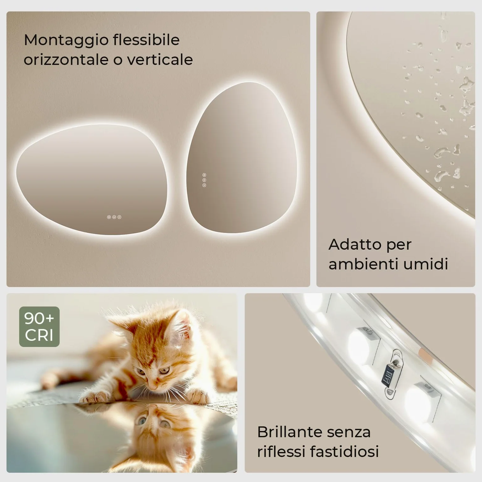 S'AFIELINA Specchio da bagno con luci a LED,75 x 55 cm,con interruttore Smart Touch,luce dimmerabile in 3 colori,anti-appannamento,funzione memoria,retroilluminato,specchio bagno asimmetrico