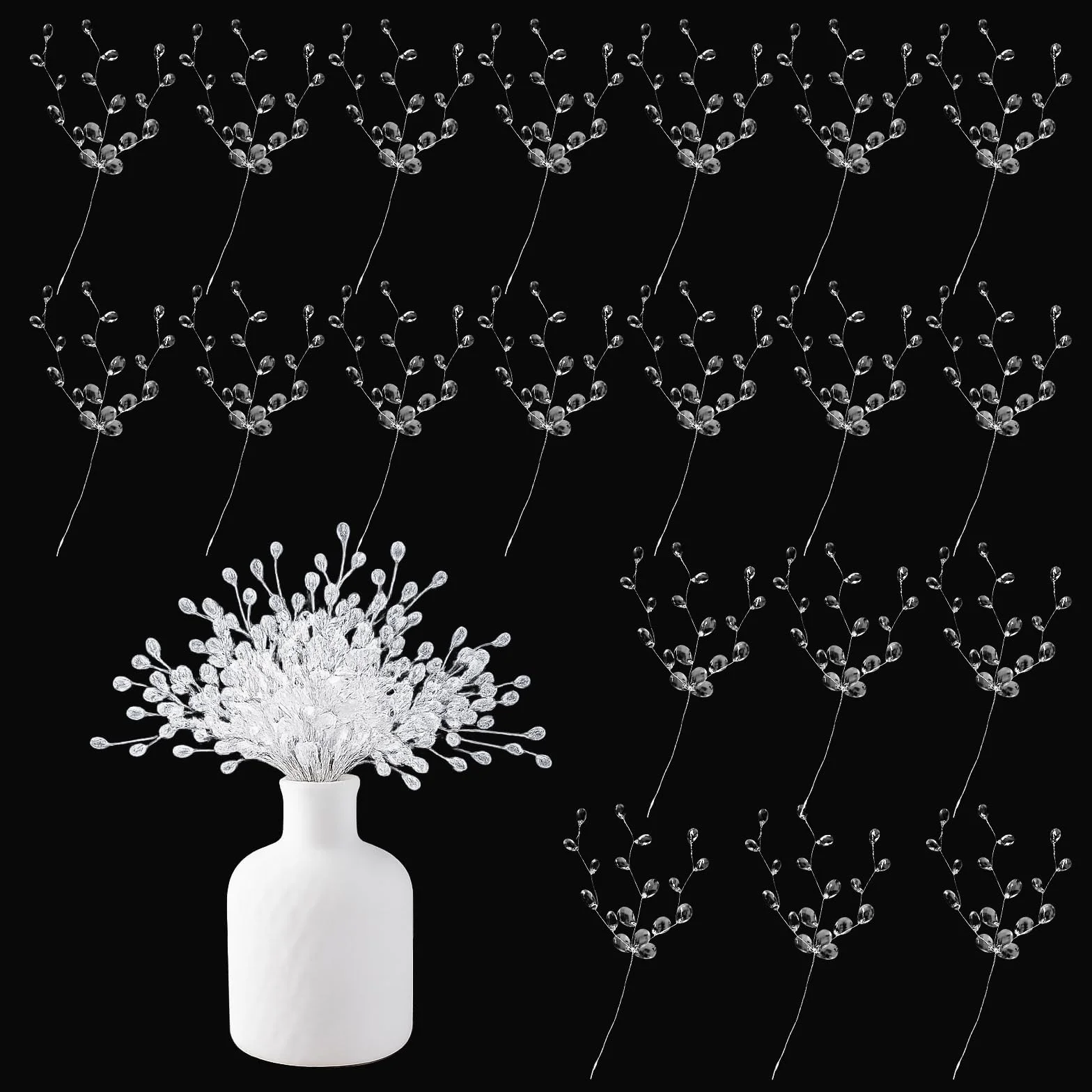 Confezione da 20 rami decorativi in cristallo acrilico trasparente – rametti decorativi con perline lucide per decorazioni per rametti natalizi, casa, vaso, festa, DIY e decorazioni invernali, 16cm