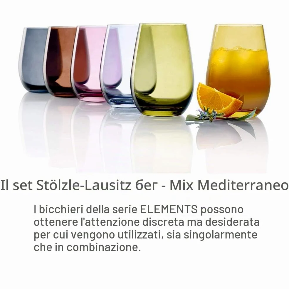 Stölzle Lausitz Bicchieri Acqua Elements Mix Mediterraneo – Set 6 Bicchieri Colorati da 465ml in Cristallo Senza Piombo – Per Acqua Succhi Cocktail – Resistenti e Lavabili in Lavastoviglie
