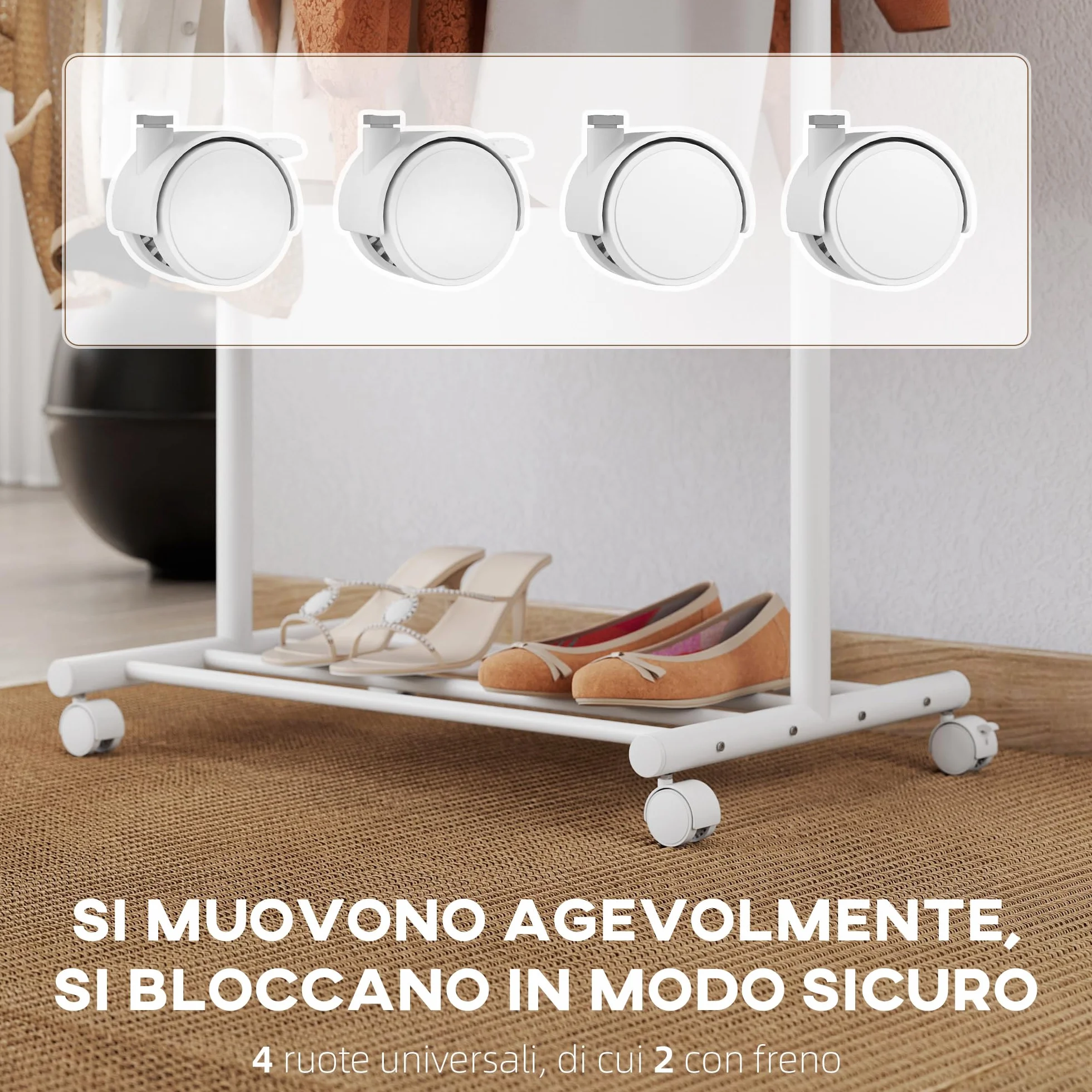 HOMCOM Appendiabiti da Terra con Ruote, Stender per Abiti con 5 Ganci e Ripiano Inferiore Porta Scarpe, per Camera, Ingresso e Corridoio, Bianco