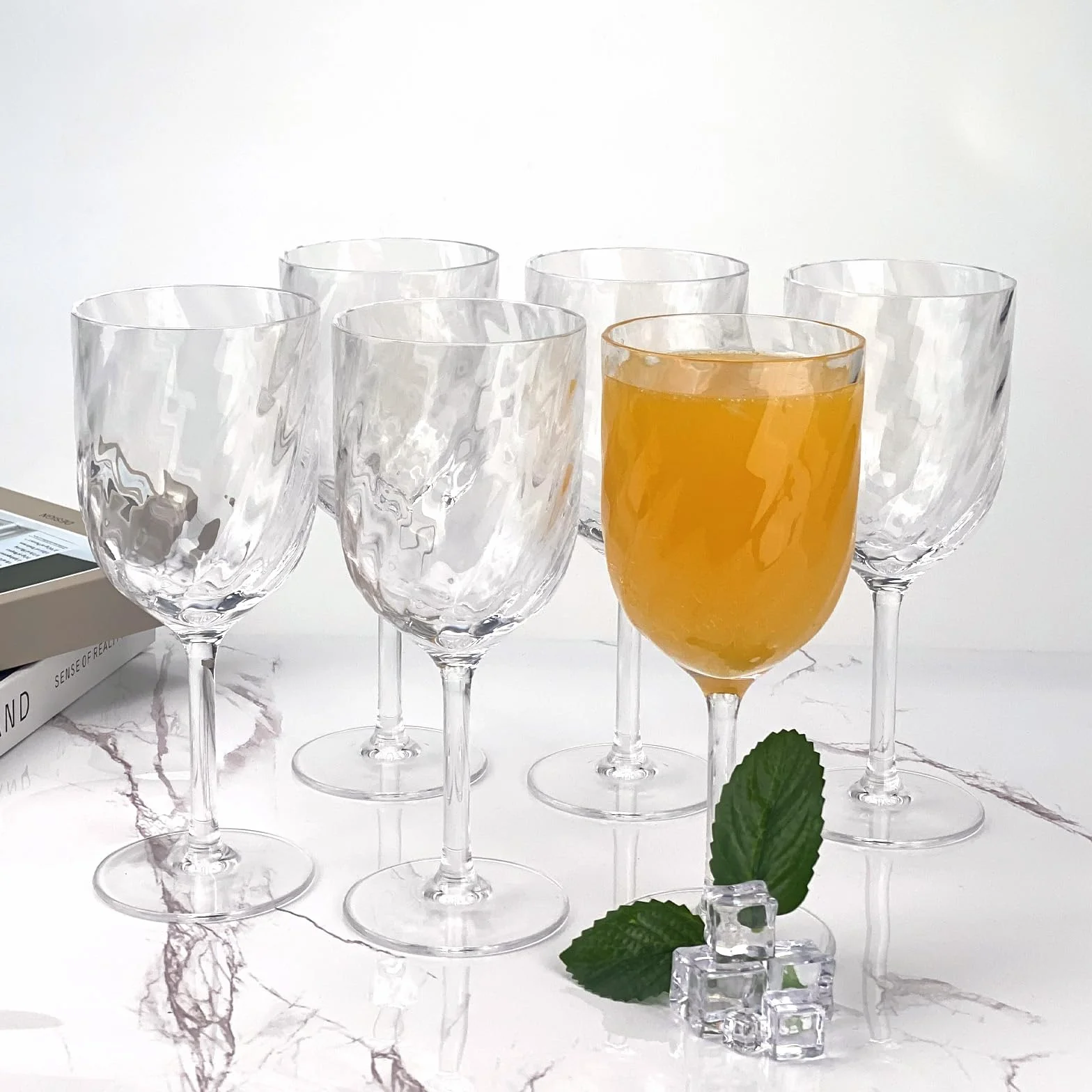 Yalin, set di 6 calici infrangibili in acrilico da 444 ml, impilabili, per vino e acqua. (Trasparente, 444 ml)