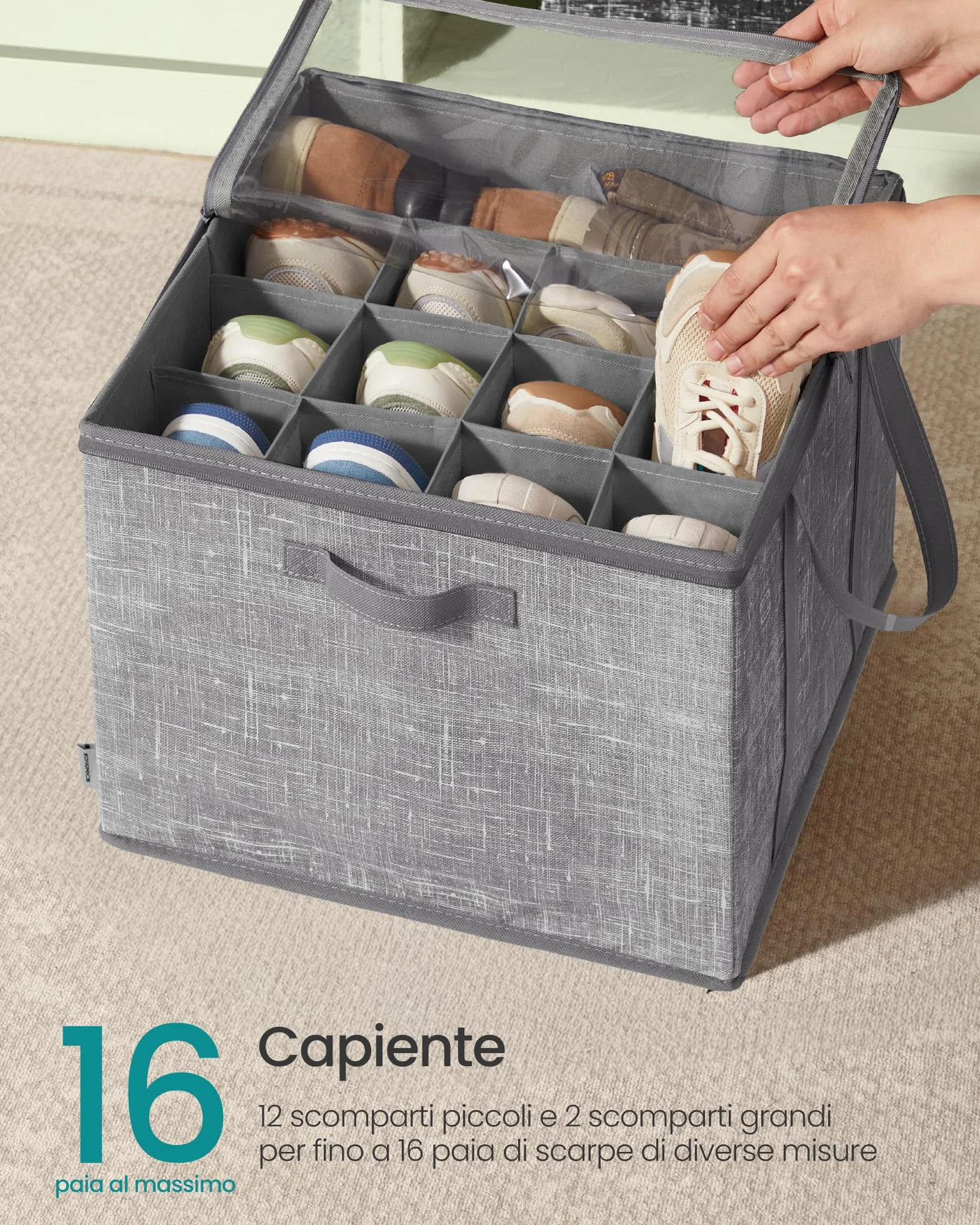 SONGMICS Organizer Scarpe Set di 2 Scatole Contenitori Scarpe Coperchio Trasparente Grigio Giunco