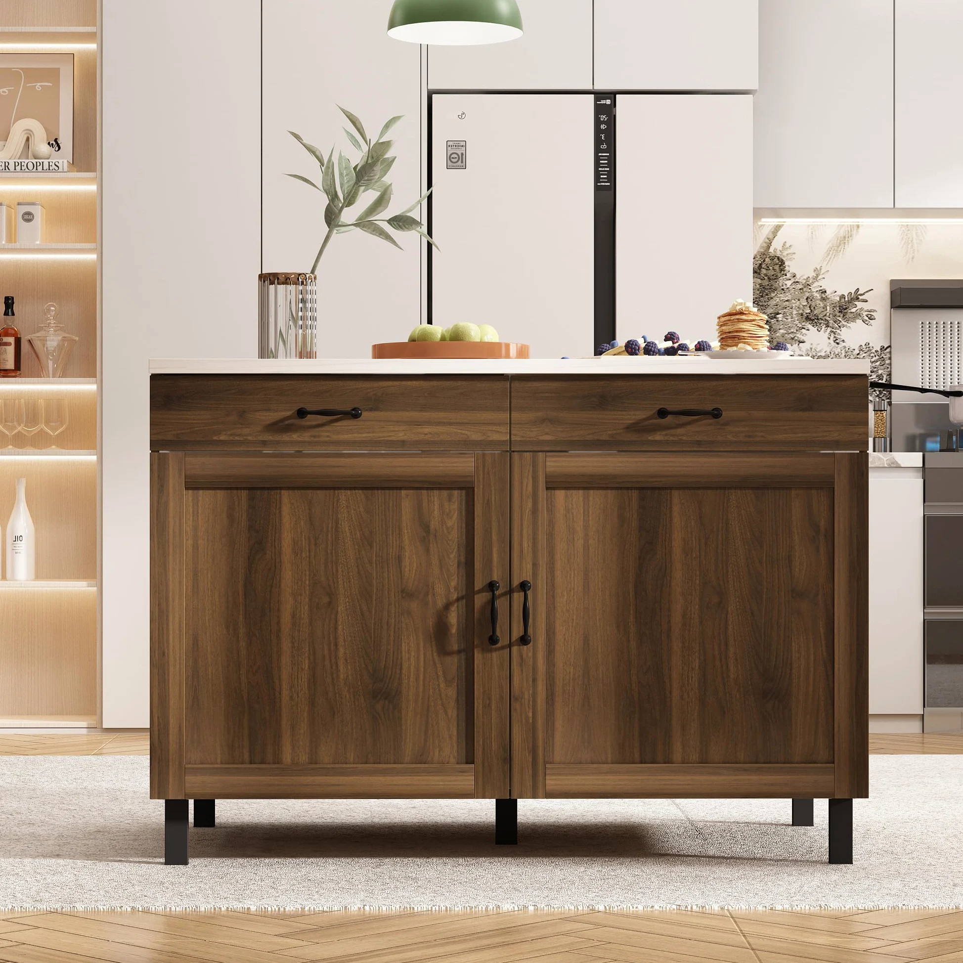 Isola cucina con piano di lavoro, armadio da cucina a cassetti, tavolo centrale con ante e cassetti, buffet marrone e bianco, 120x60x85 cm, MDF