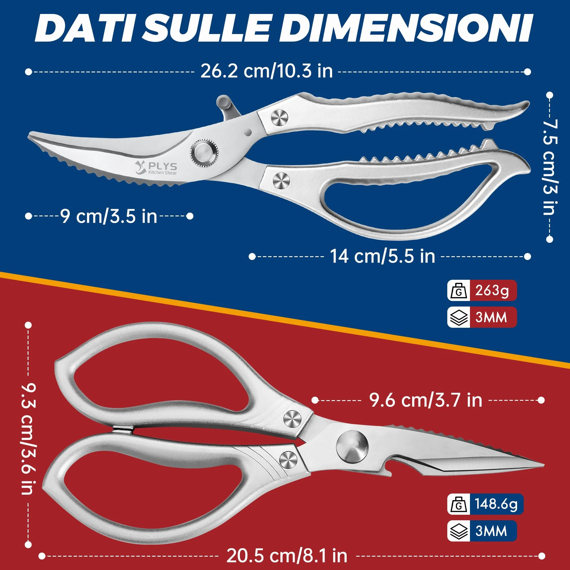 Forbici da Cucina Professionali: Set Forbici Multifunzione in Acciaio Inossidabile per Pollame, Pollo, Pesce, Verdure ed Erbe (Argento)