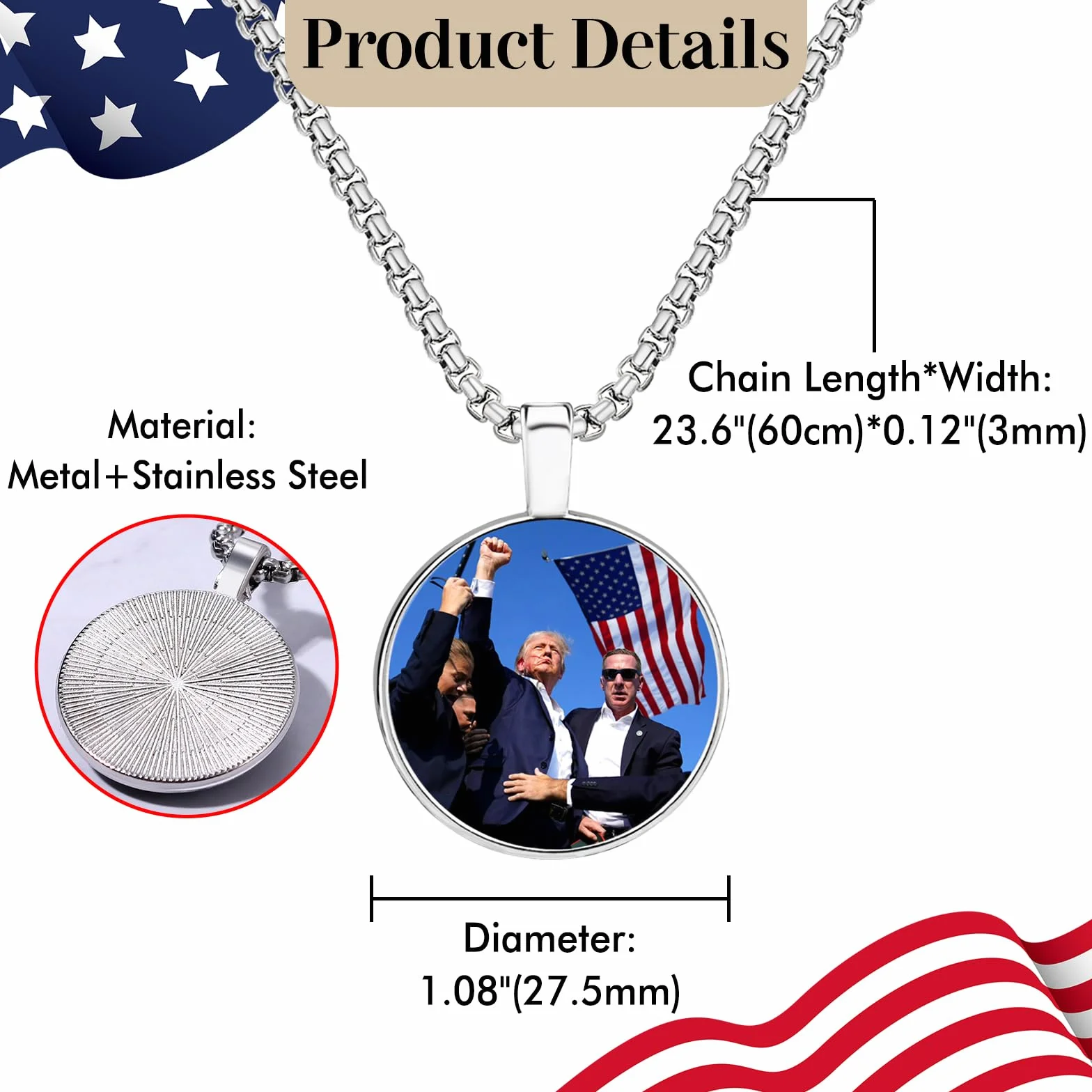 Donald Trump Trump Rally Shooting Collana Make America Great Again 2024 Pendente Rotondo Catena Uomo Donna Bambini
