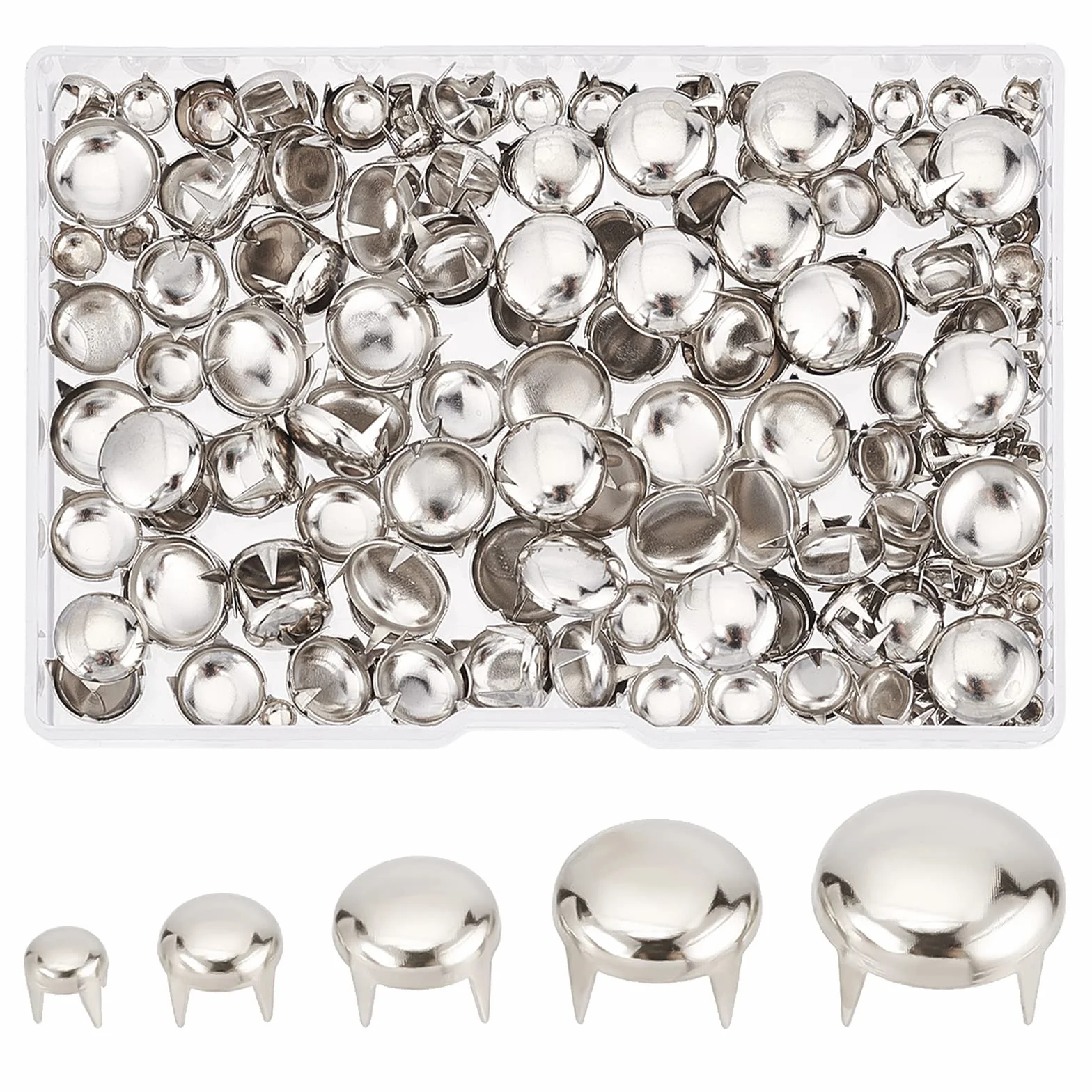 GORGECRAFT 5 Taglie 200 Pezzi Artiglio Rivetto Nailheads Punti Borchie Borchie Rotonde A Cupola Metallo Testa A Fungo Spike Chiodo per Fai da Te in Pelle Craft Tessuto Vestiti Denim (Nastro)
