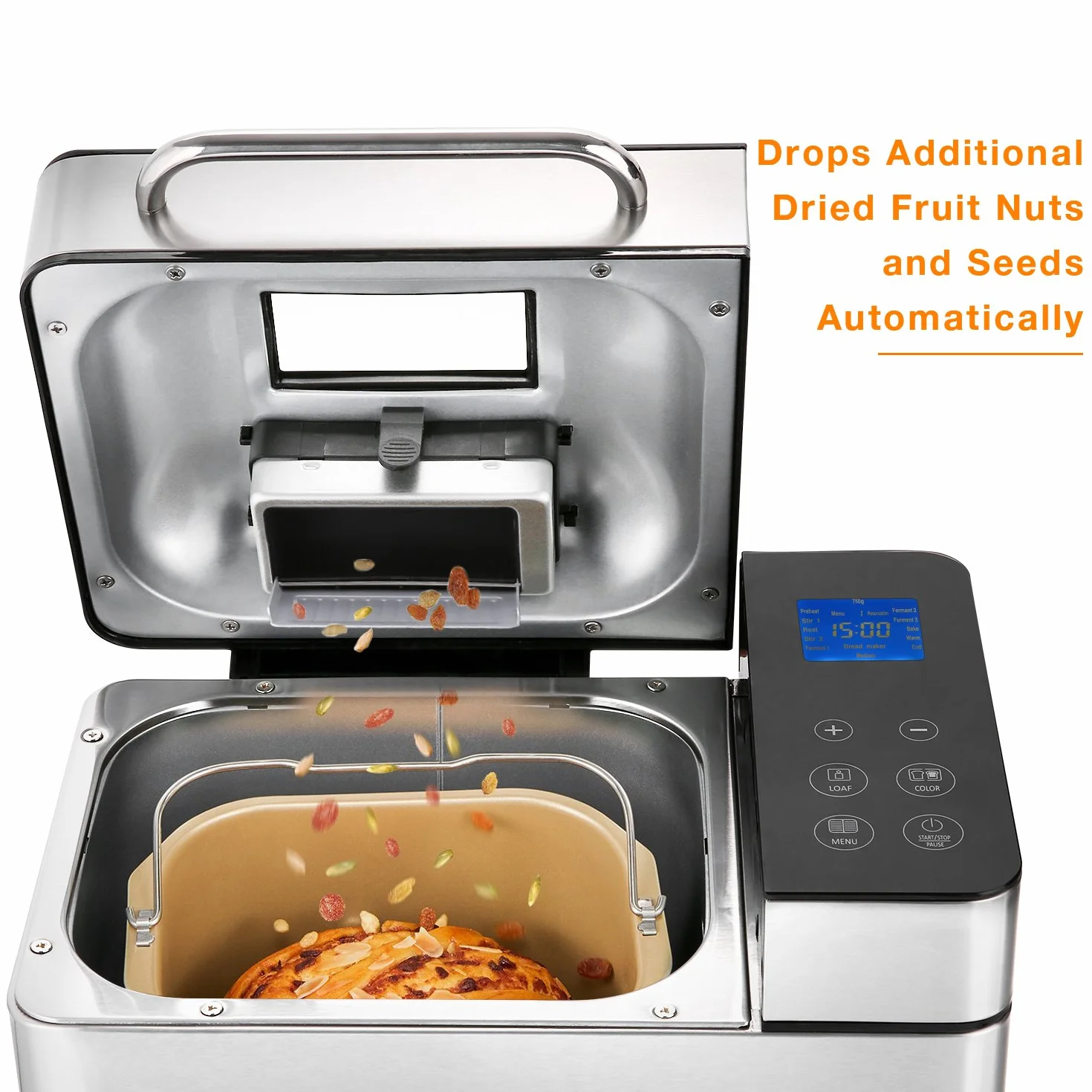 Meykey, macchina per il pane in acciaio inox, 19 programmi di cottura completamente automatica per 500 g, 750 g, 1000 g, timer di ritardo di 15 ore, finestra di visualizzazione, funzione di