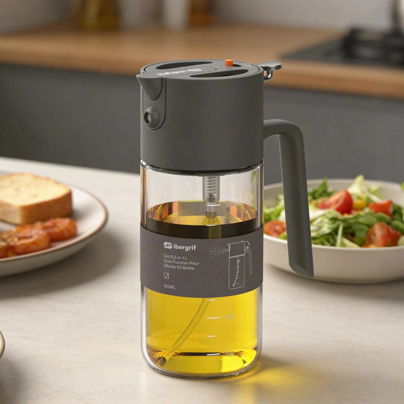 Ibergrif Spruzzatore Olio 2 in 1 500ml, Bottiglia Vetro Borosilicato Antigoccia per Friggitrice Aria