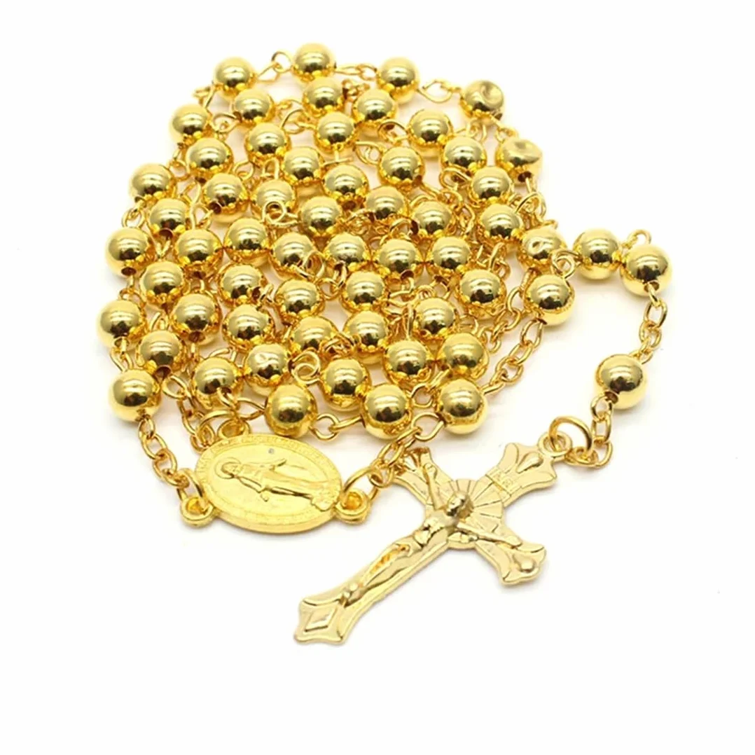 Collana con ciondolo religioso, con pendente croce di Gesù Cristo, unisex Metallo colore placcata oro, Collana da Uomo Donna Preghiere Promessa Perline e Occhio Maligno Idee Regalo