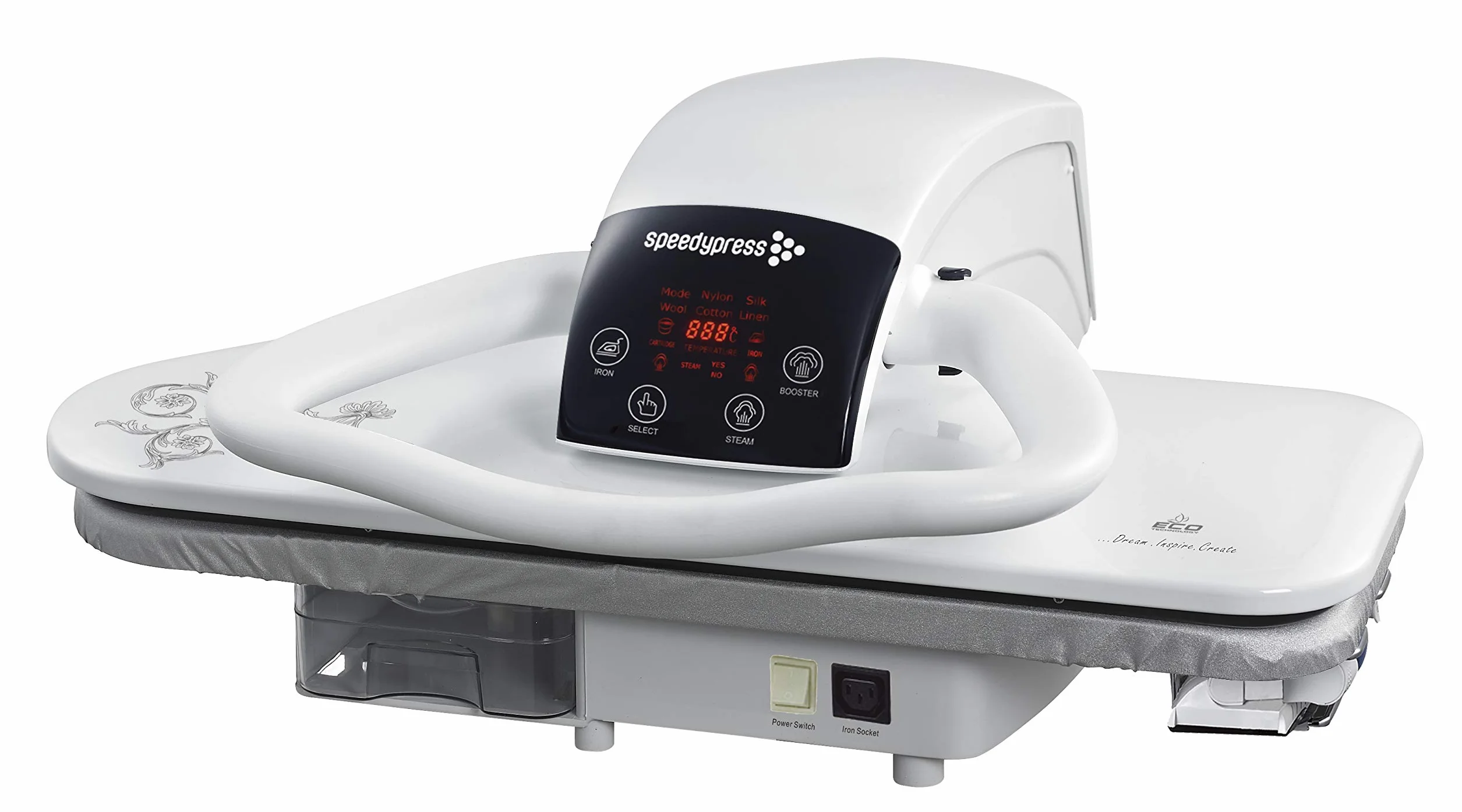 Pressa da stiro a vapore per servizio pesante 70HD-W bianca da 1600 watt 68 cm di Speedypress (attacco per ferro, filtro e coperchio)