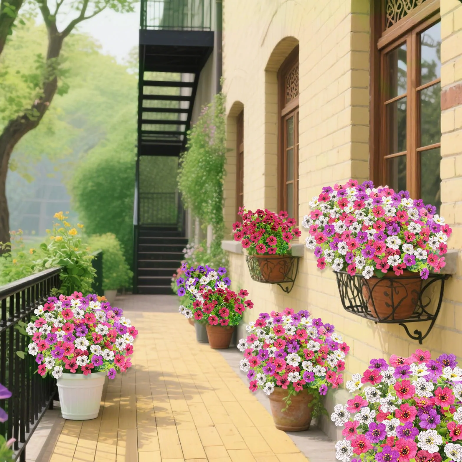 Fiori Finti da Esterno UV-Resistenti, 6 Fasci 3 Colori Piante da Vaso Artificiali per Balcone