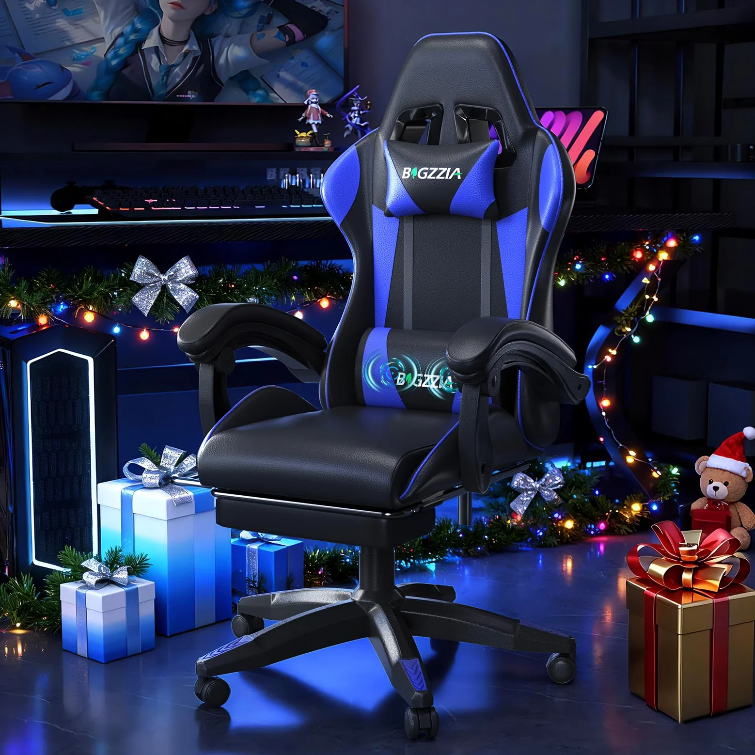 bigzzia Sedia Gaming, Sedie Ergonomica con Poggiapiedi per Videogiochi, Sedia da Gaming con Cuscino Lombare Massaggiante e Poggiatesta per Giocare, Studiare e Lavorare in Ufficio (Blu)