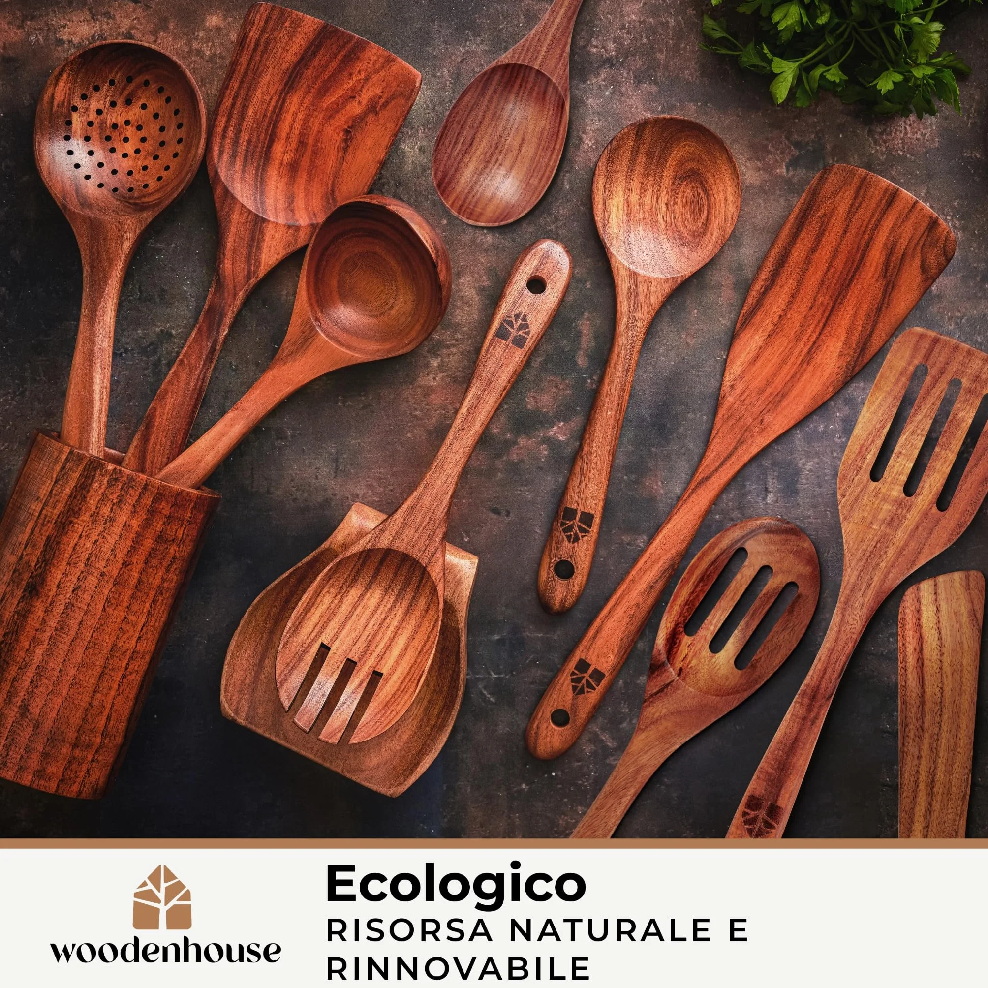 Woodenhouse - Set di 12 Pezzi di Utensili da Cucina in Legno di Teak con Supporto, Porta Cucchiaio e Ganci Nonstick