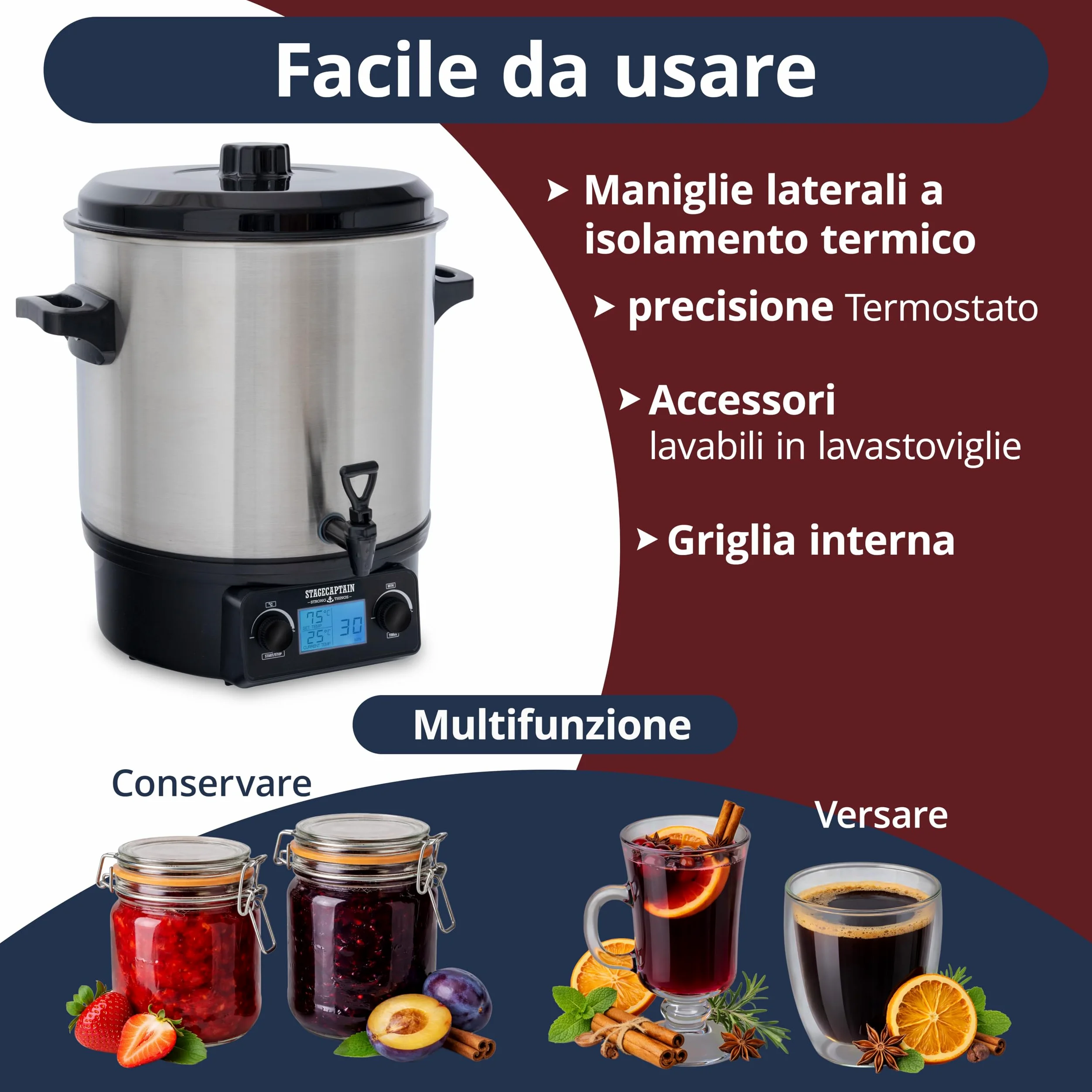 Stagecaptain GWK27D Scaldavino 27 L per vin brulé, bevande calde, marmellate, frutta e zuppe — 2000 W, acciaio inox, regolatore temperatura, timer, spegnimento automatico, display LCD