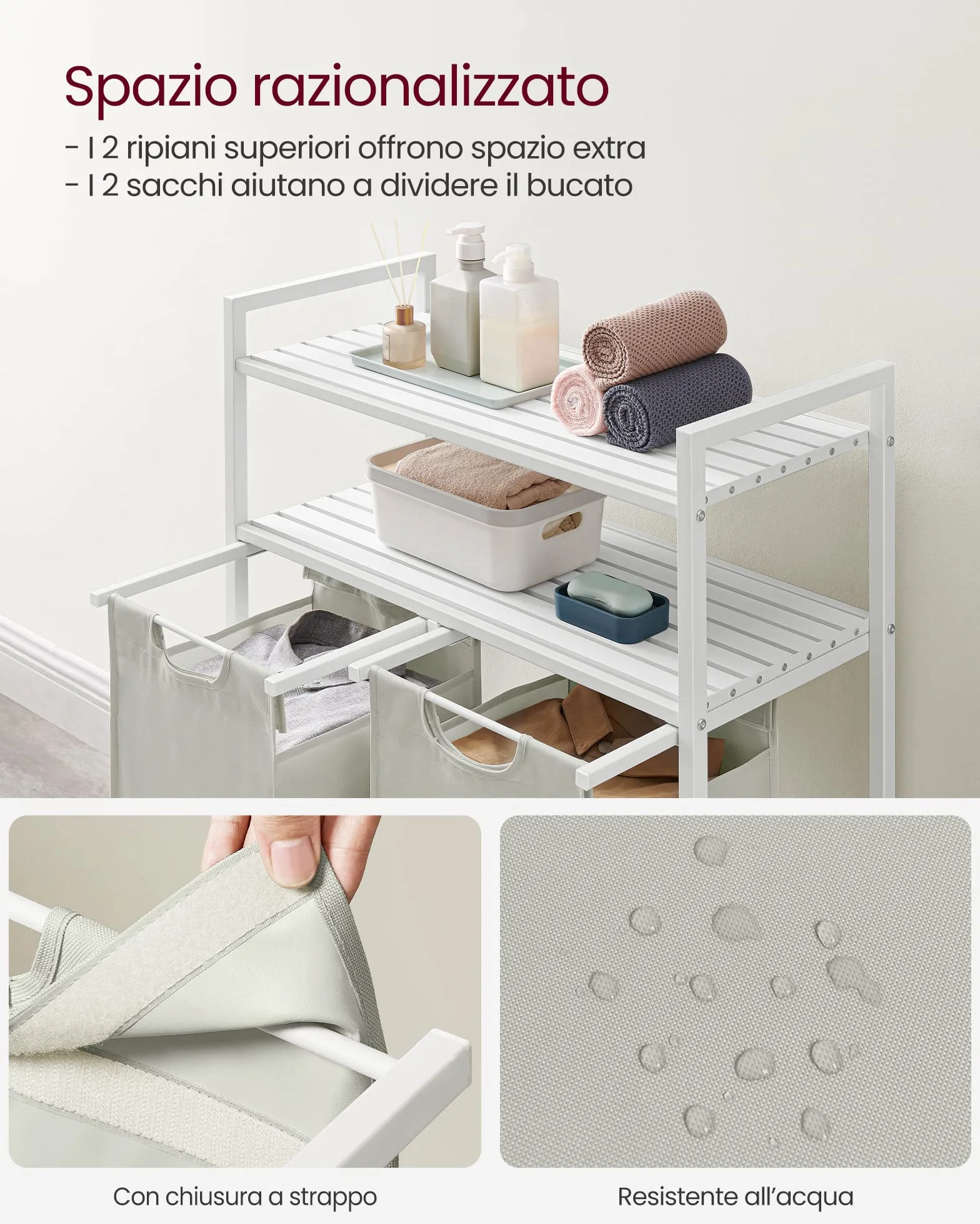 VASAGLE Cesto Portabiancheria 2 Sacchi Estraibili 46L Bianco BLH211W01