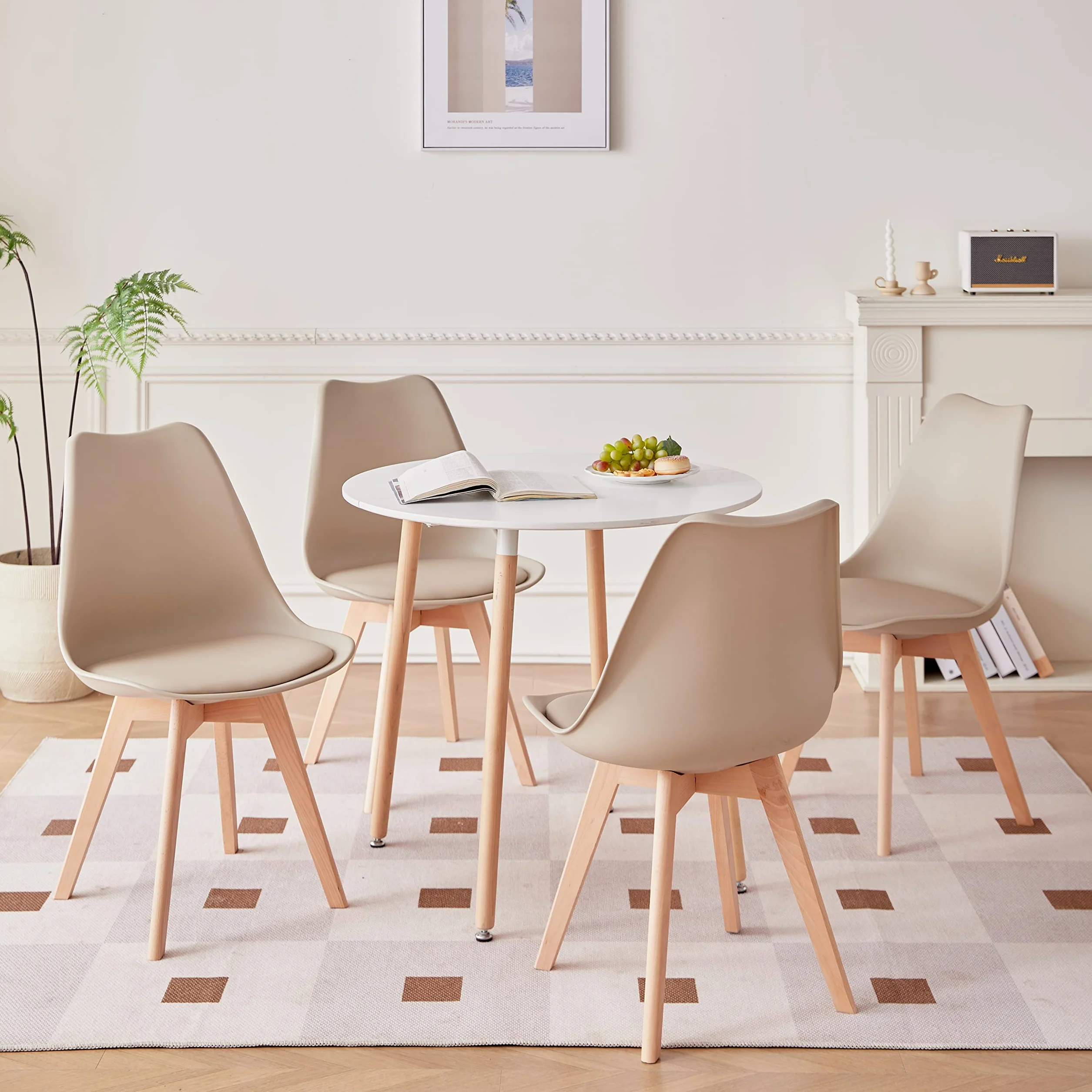 GrandCA HOME Tavolo da Pranzo e 4 Sedie da Pranzo Set da Pranzo Moderno, Struttura di Giunzione Tavolo Rotondo da Tavolo e Sedie da Cucina Beige