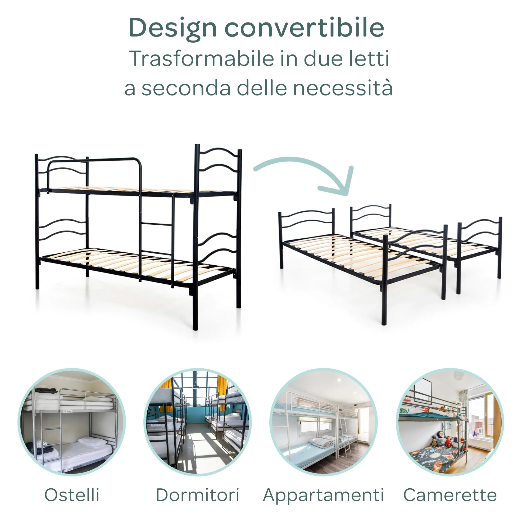 DOLCI SOGNI Letto a Castello per Adulti e Bambini Scomponibile in 2 Letti Singoli (Struttura + Materasso E Cuscino Nero)